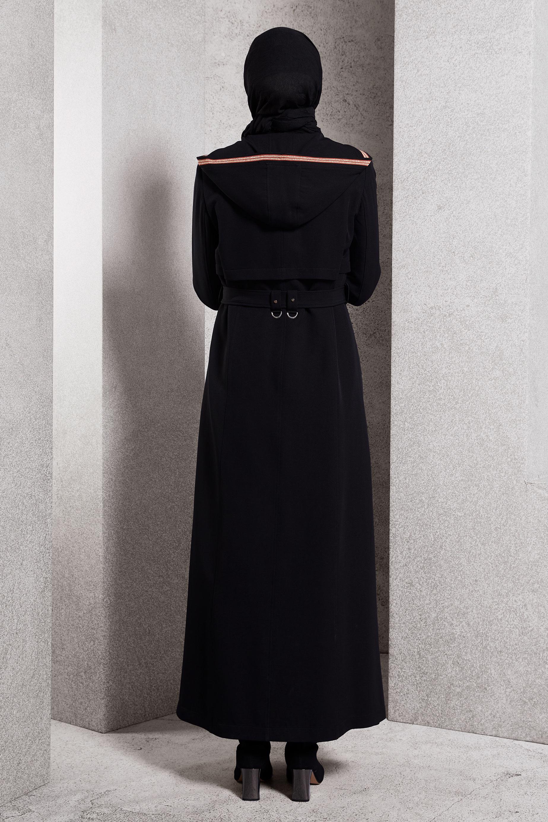 Tesettür giyim SİYAH KEMERLİ KAPÜŞONLU PARDESÜ 10463	