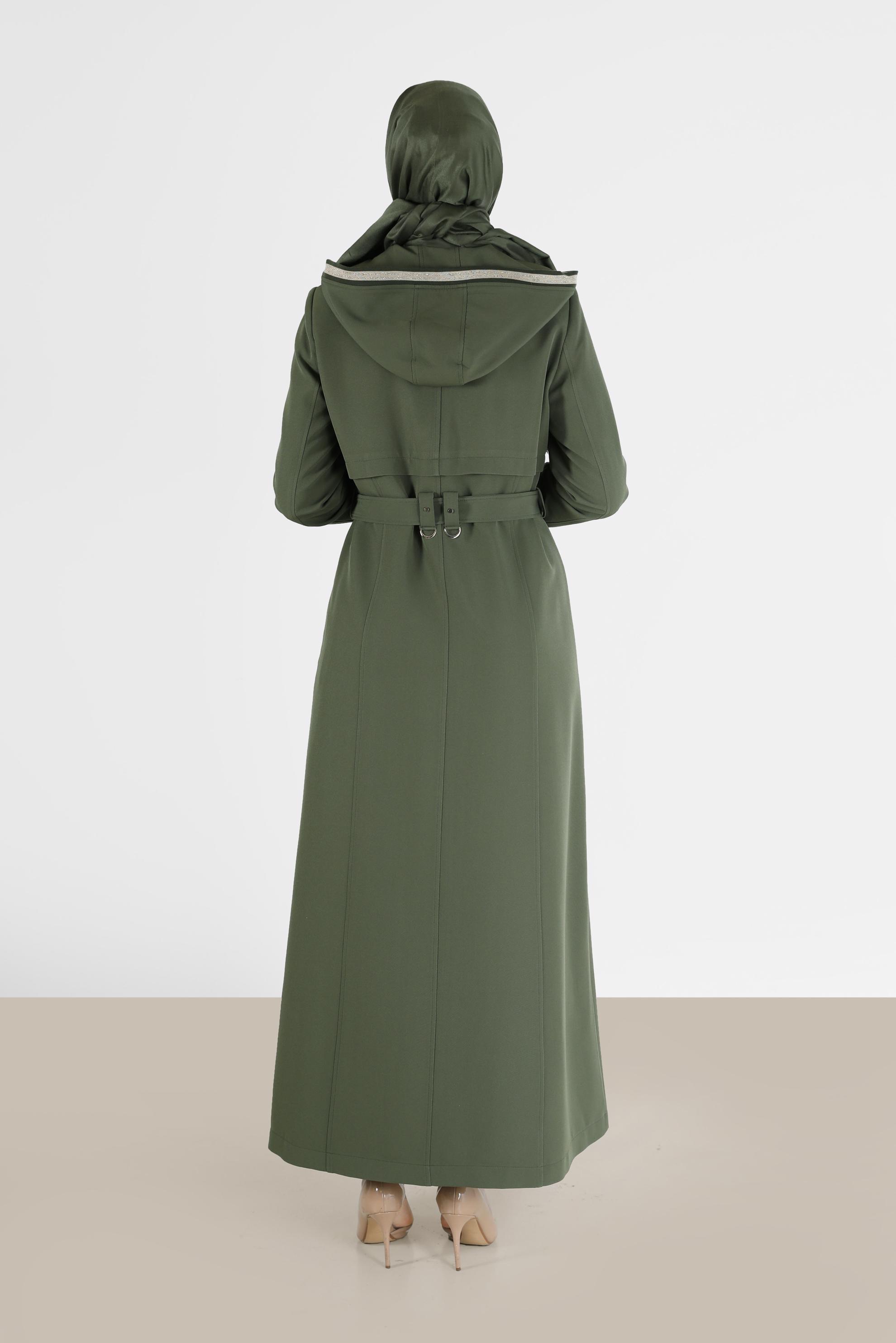 Tesettür giyim HAKİ KEMERLİ KAPÜŞONLU PARDESÜ 10463	