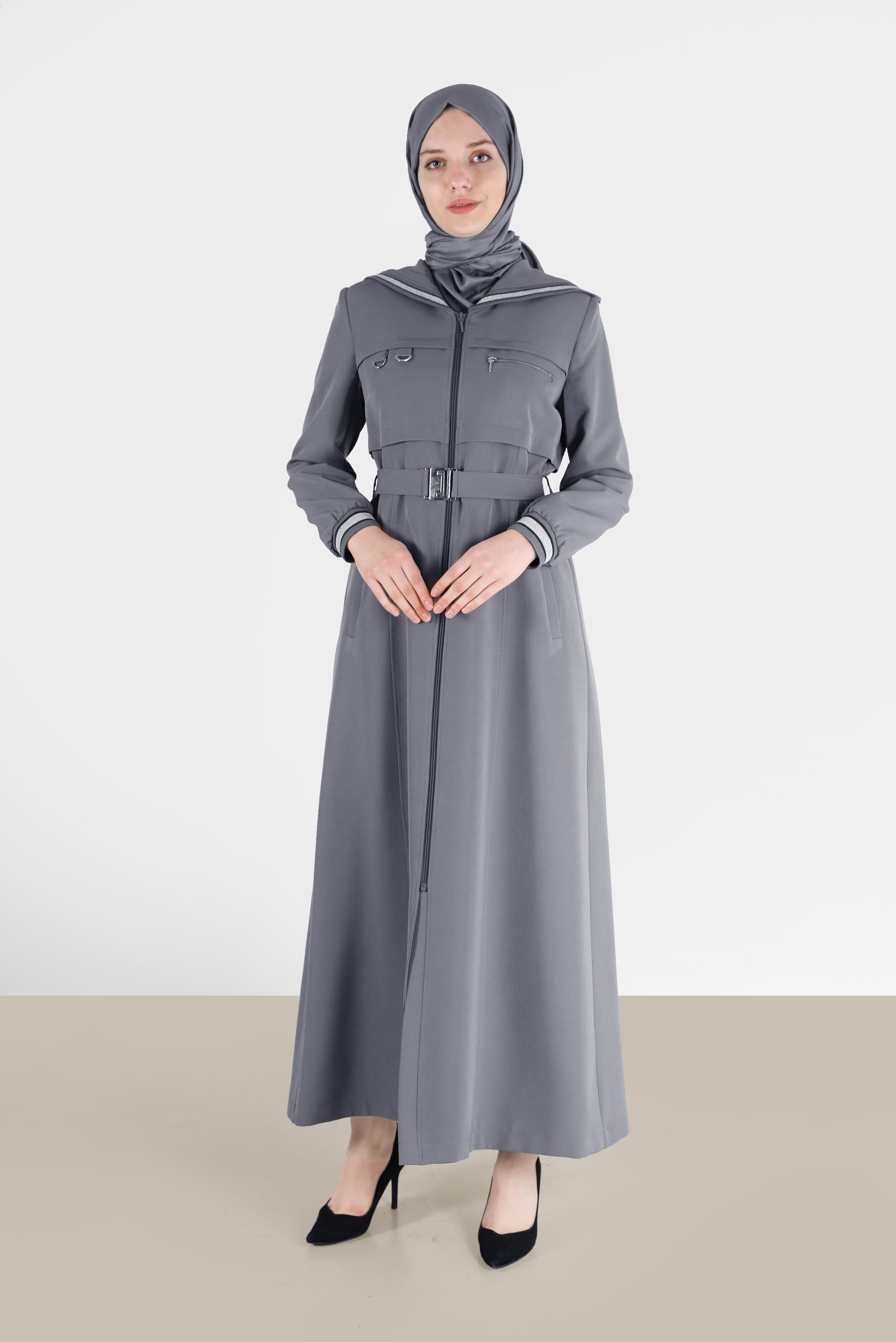 Tesettür giyim GRİ KEMERLİ KAPÜŞONLU PARDESÜ 10463	