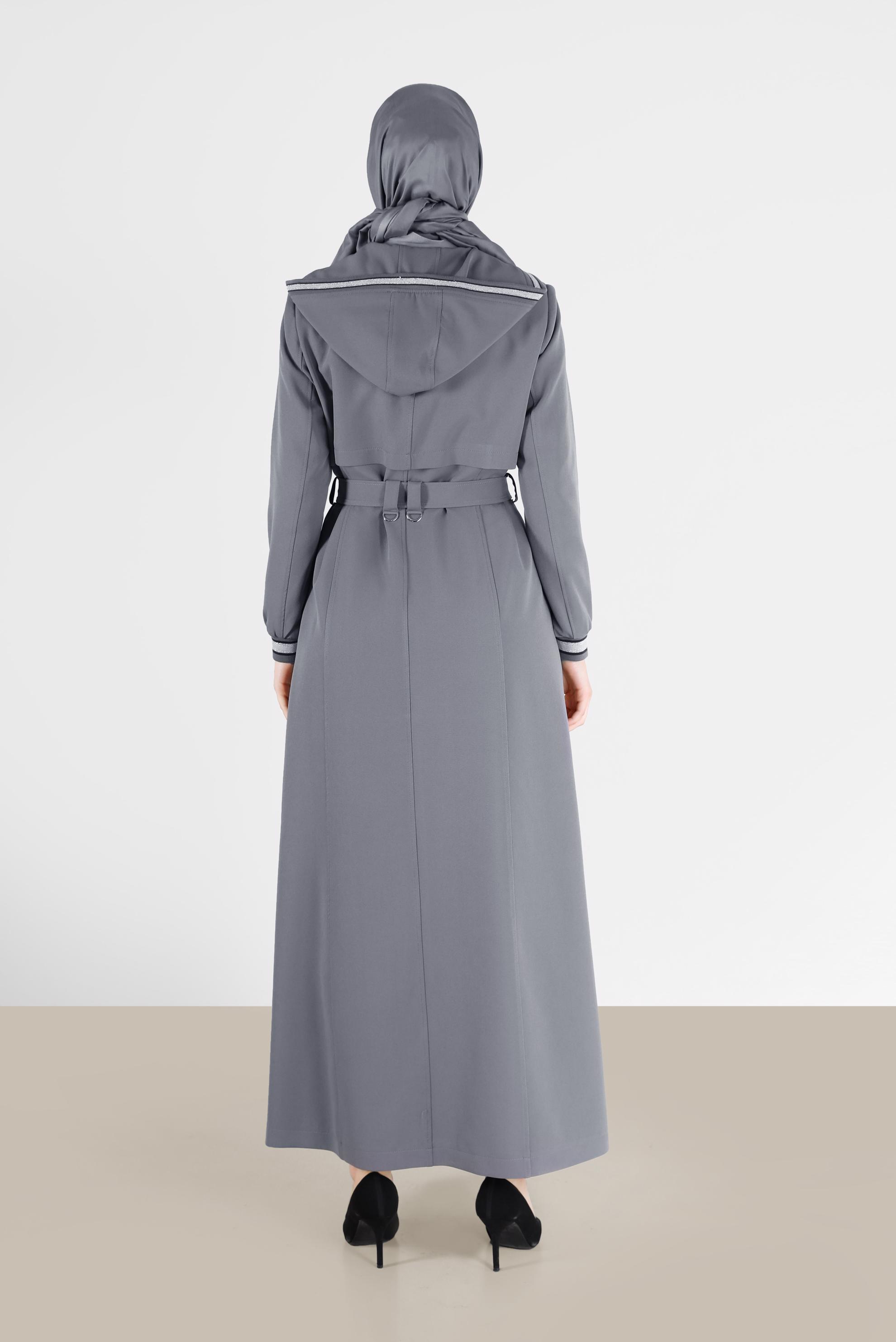 Tesettür giyim GRİ KEMERLİ KAPÜŞONLU PARDESÜ 10463	