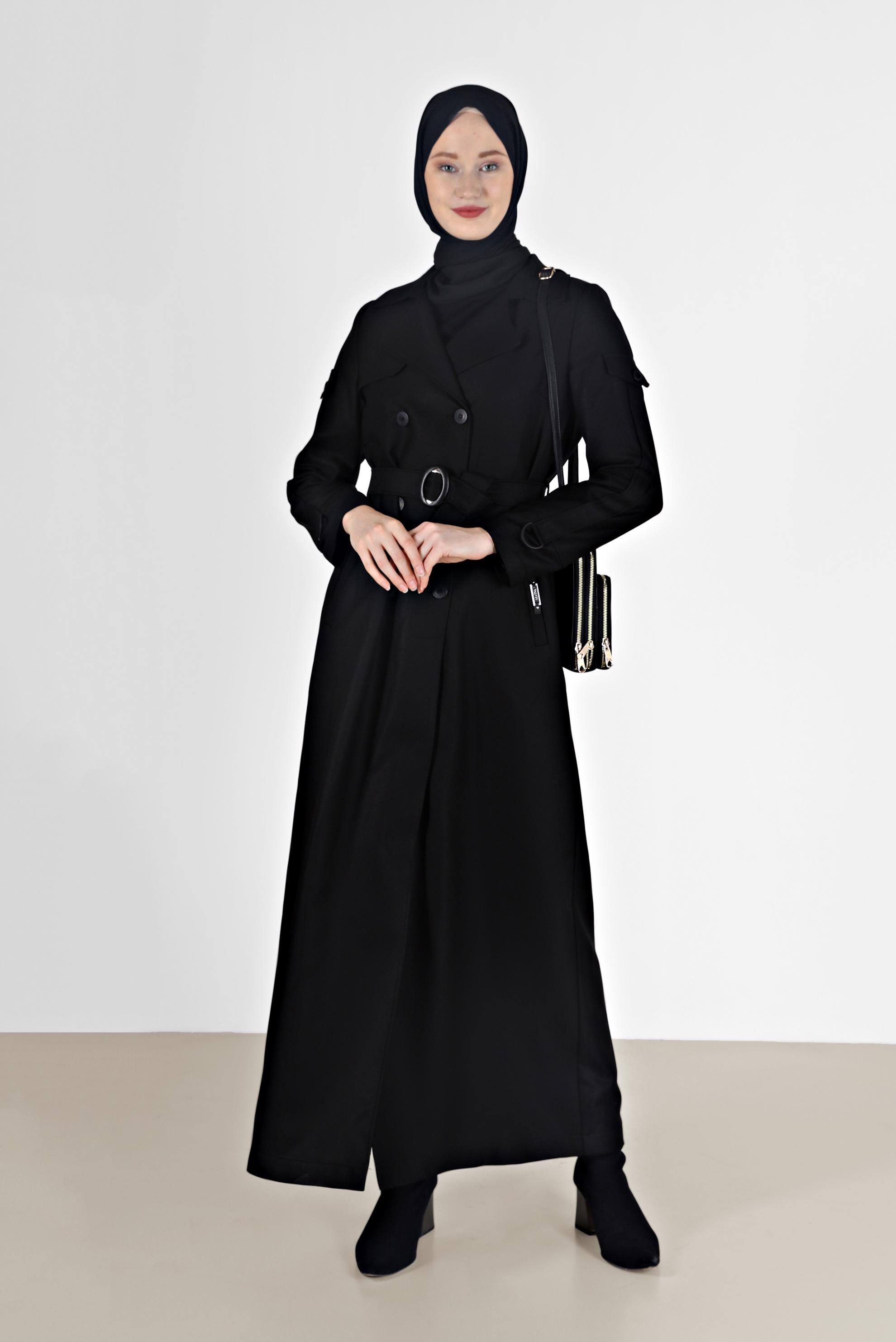 Tesettür giyim SİYAH KRUVAZE YAKA BELİ KUŞAKLI PARDESÜ 10469 