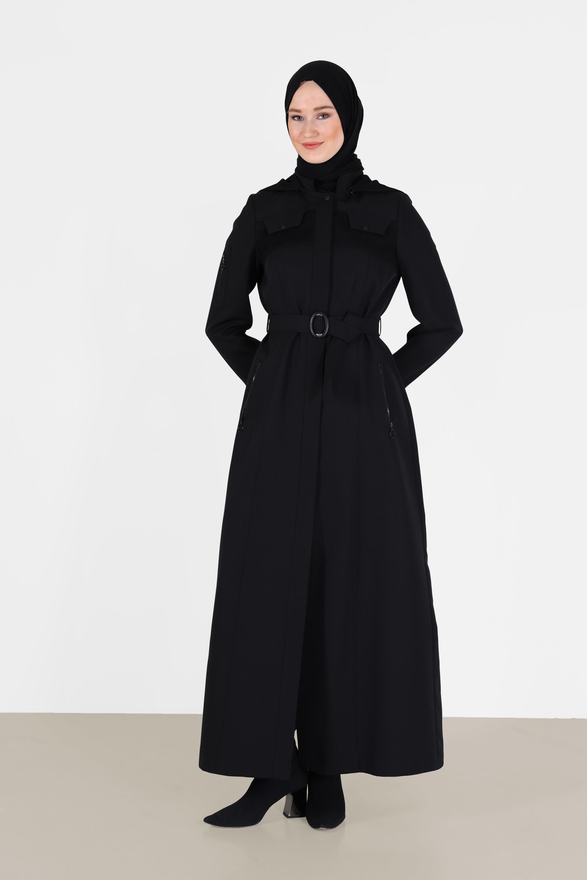 Tesettür giyim SİYAH KUŞAKLI KAPÜŞONLU PARDESÜ 10470 