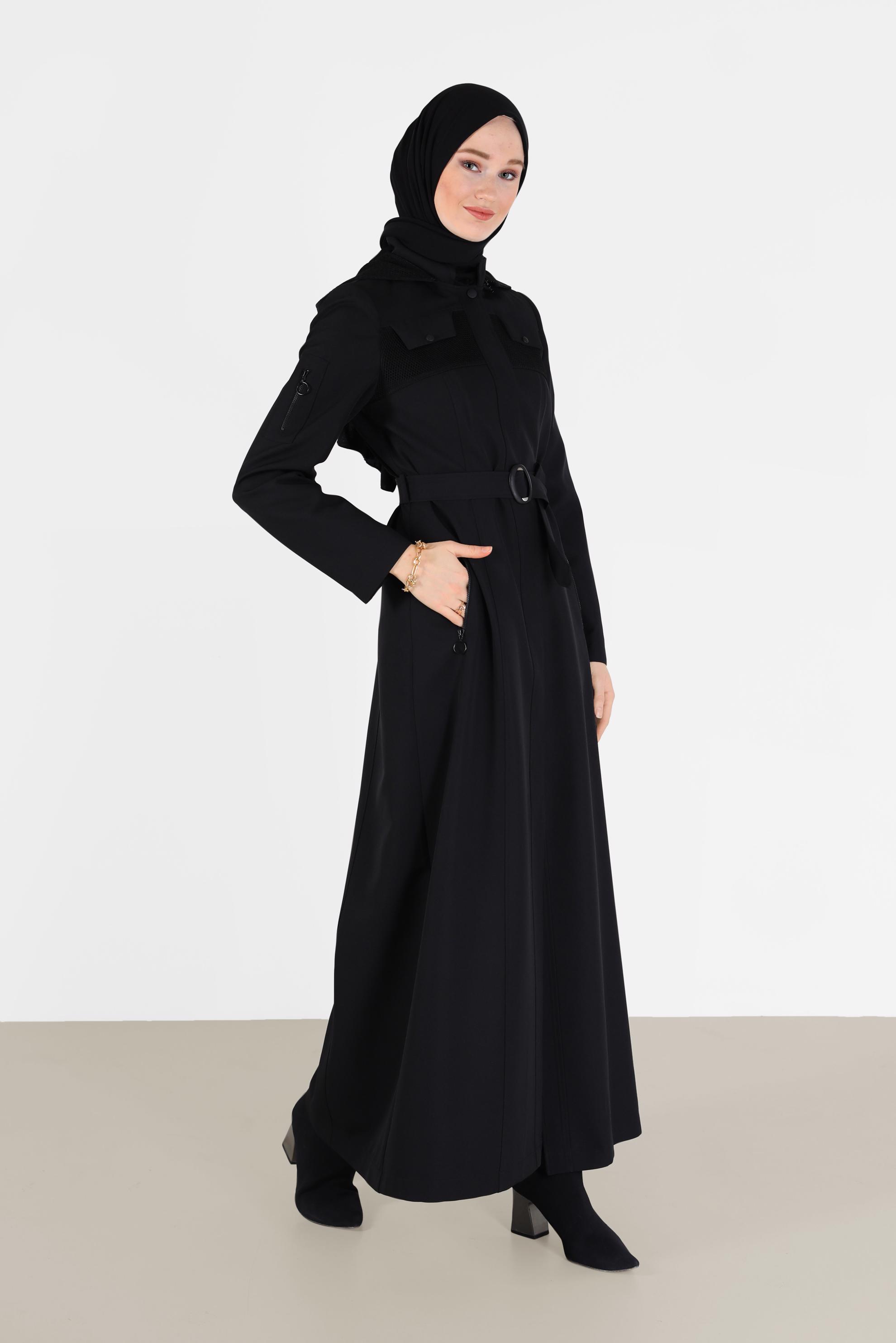 Tesettür giyim SİYAH KUŞAKLI KAPÜŞONLU PARDESÜ 10470 