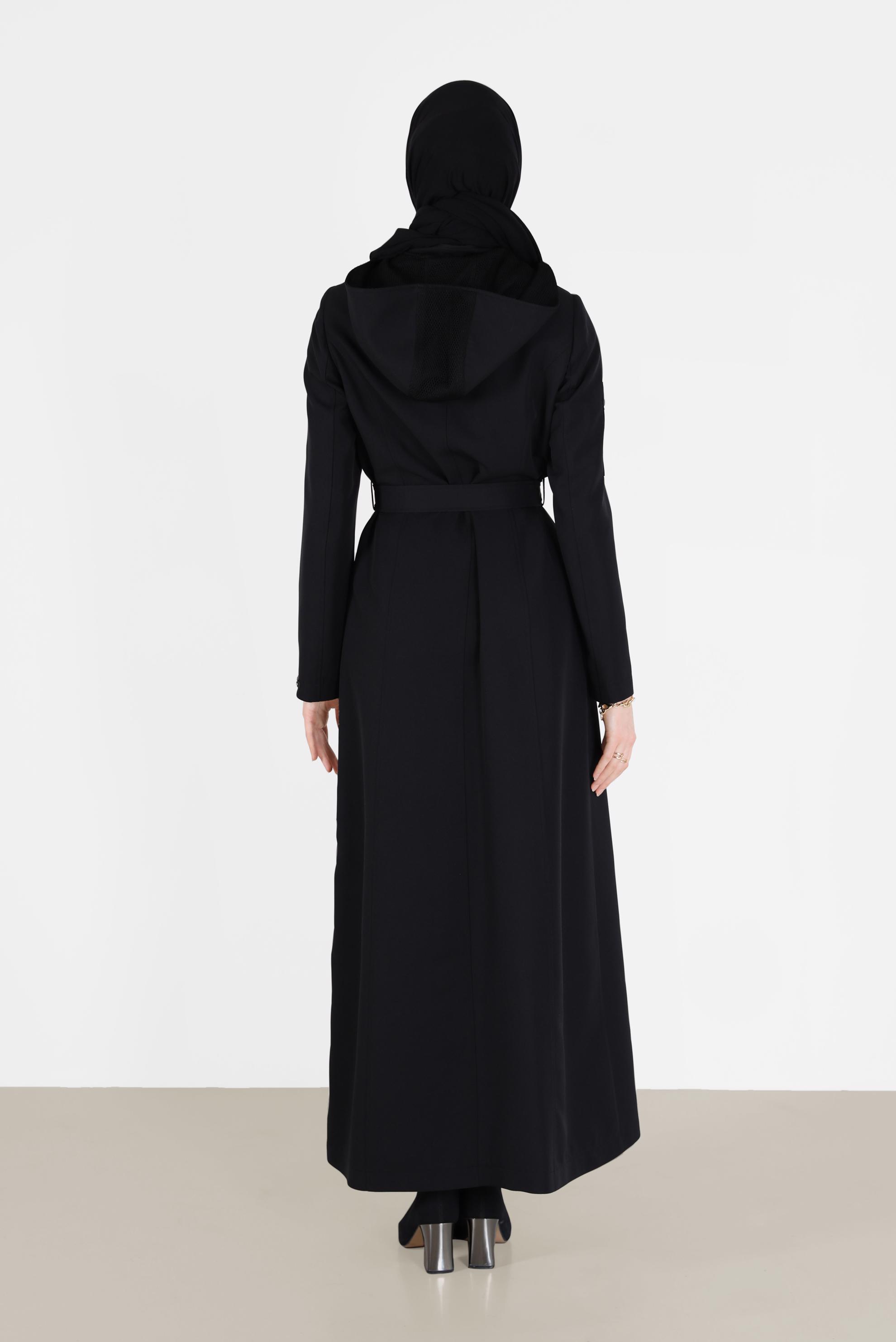 Tesettür giyim SİYAH KUŞAKLI KAPÜŞONLU PARDESÜ 10470 