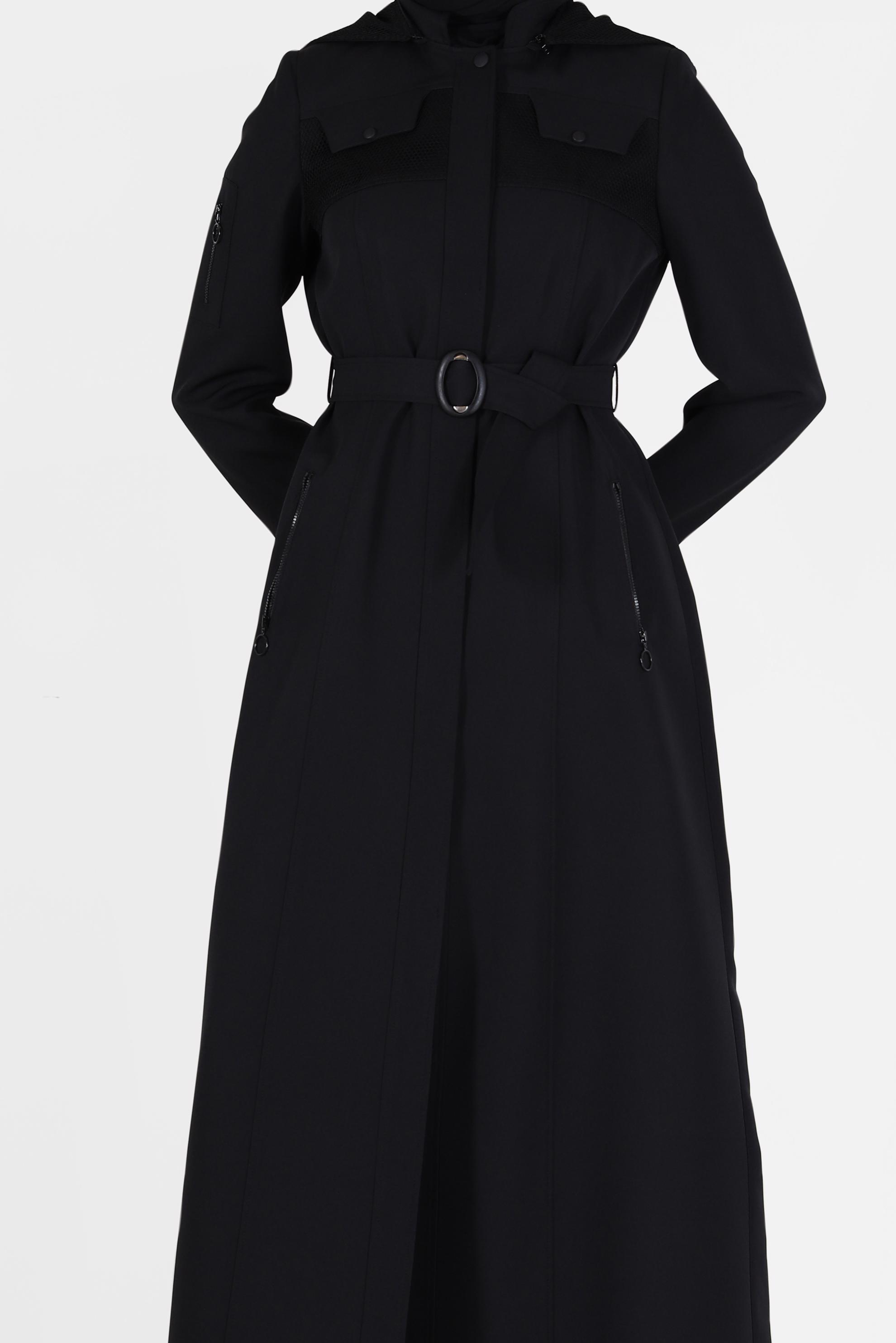 Tesettür giyim SİYAH KUŞAKLI KAPÜŞONLU PARDESÜ 10470 