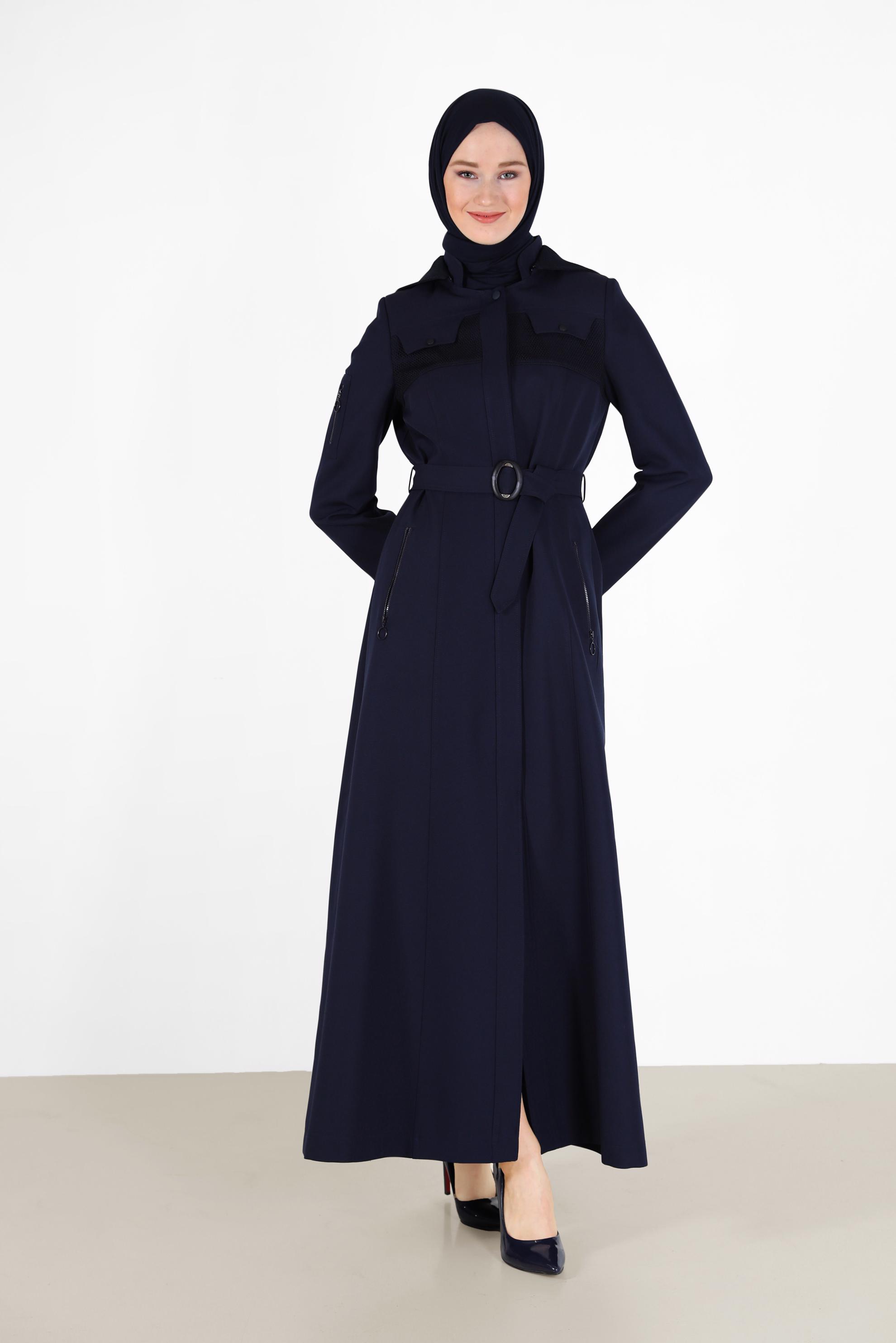 Tesettür giyim LACİVERT KUŞAKLI KAPÜŞONLU PARDESÜ 10470 