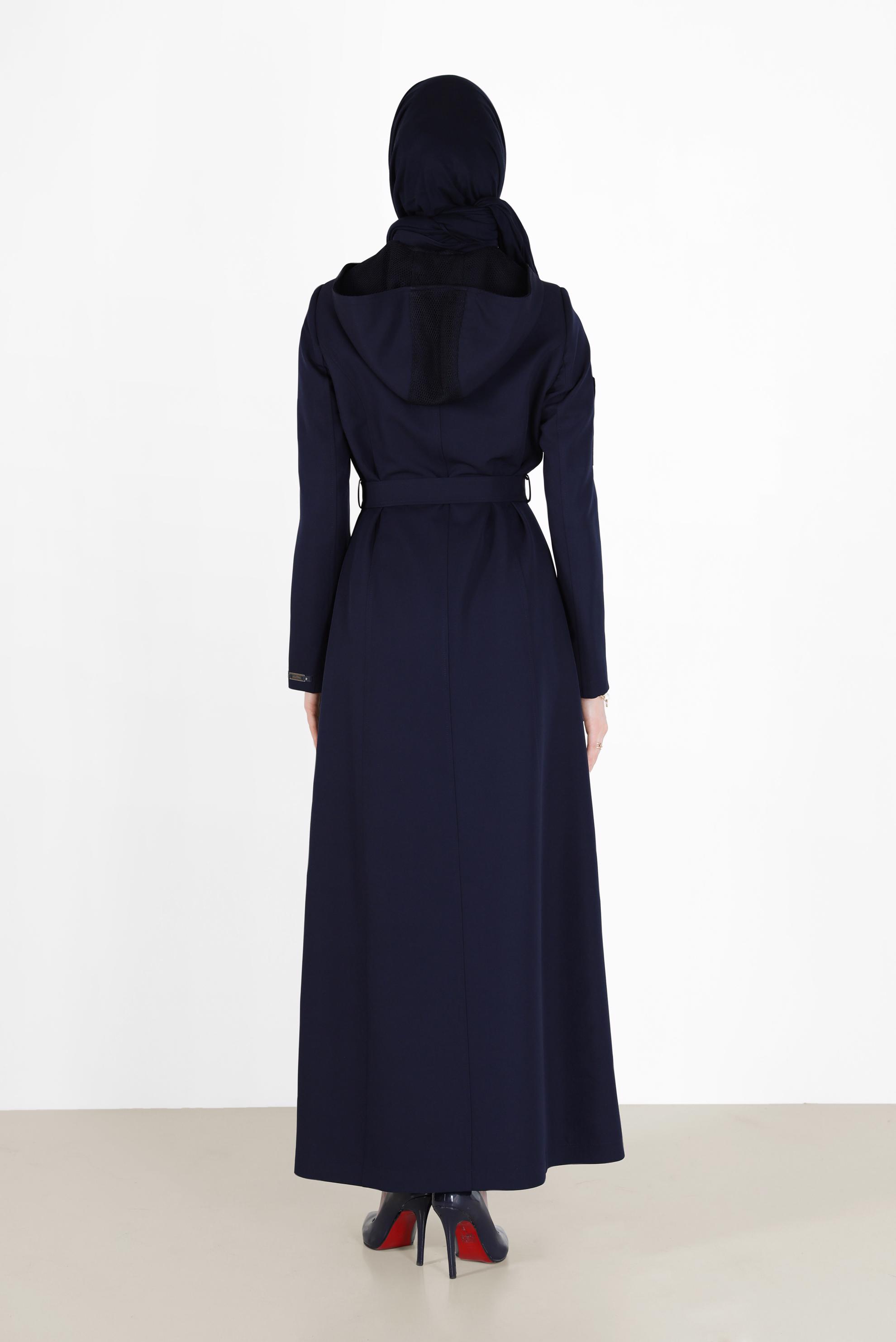 Tesettür giyim LACİVERT KUŞAKLI KAPÜŞONLU PARDESÜ 10470 