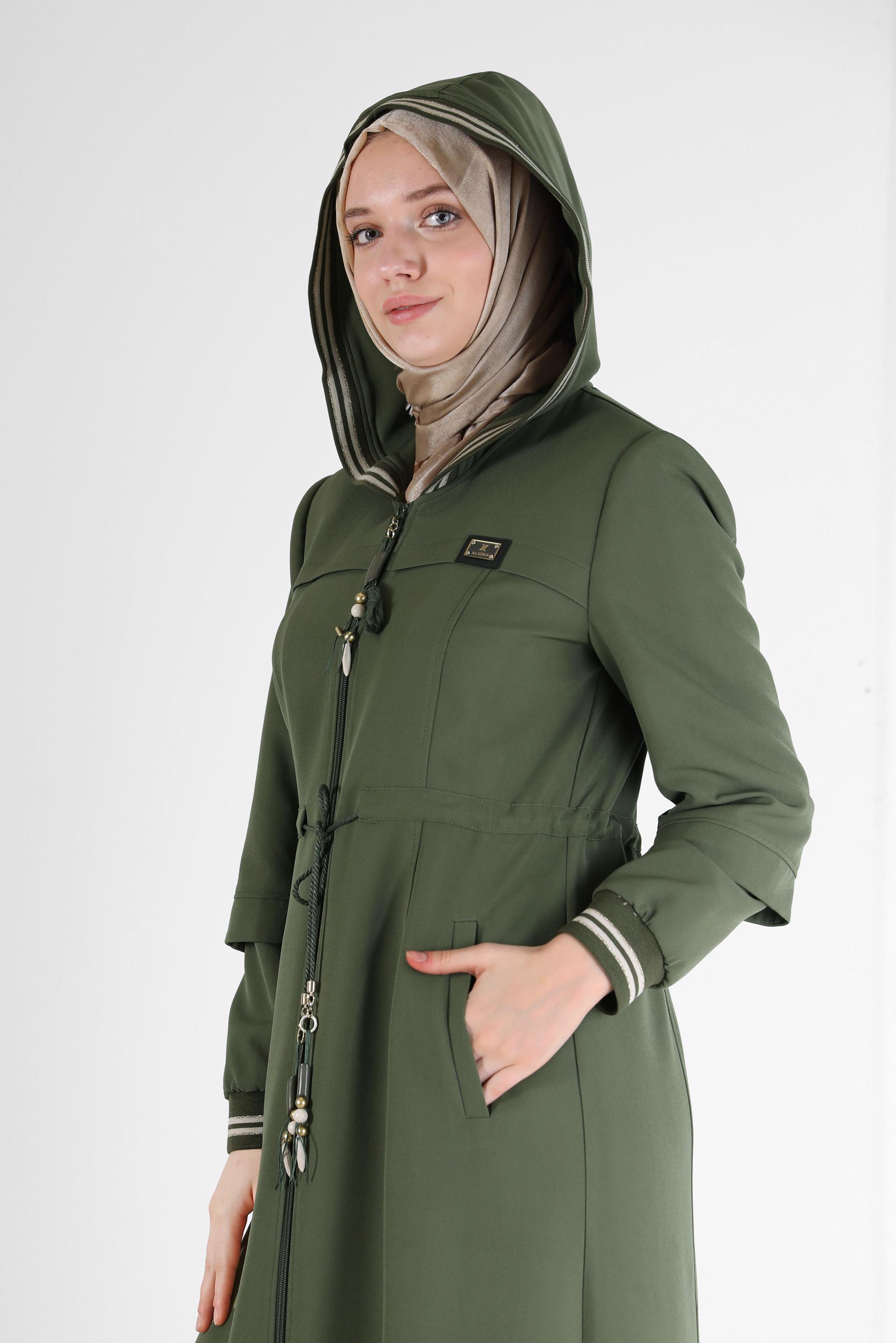 Hijab clothing KHAKI GATHERED WAIST HOODED TOPCOAT 10472 
