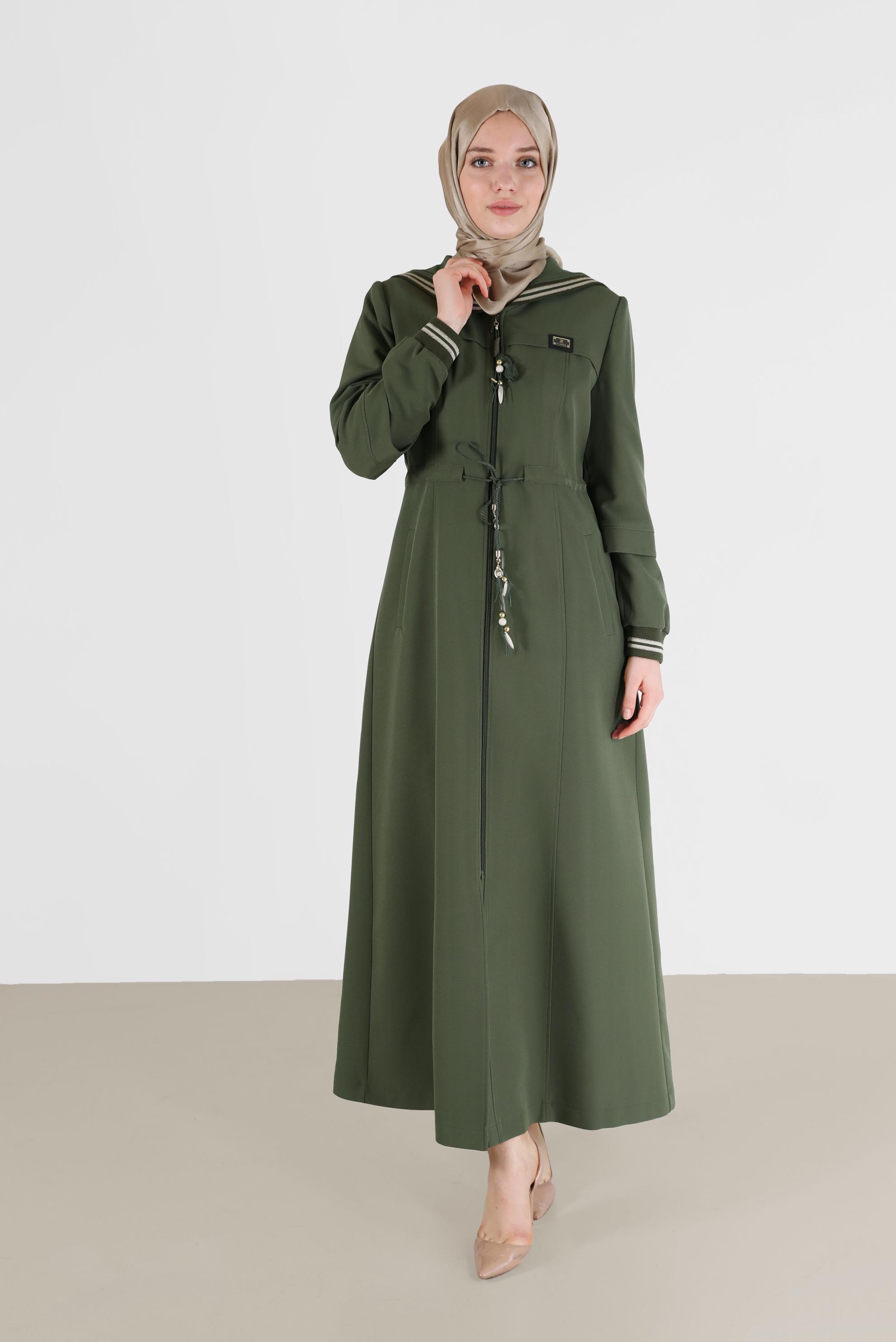 Hijab clothing KHAKI GATHERED WAIST HOODED TOPCOAT 10472 