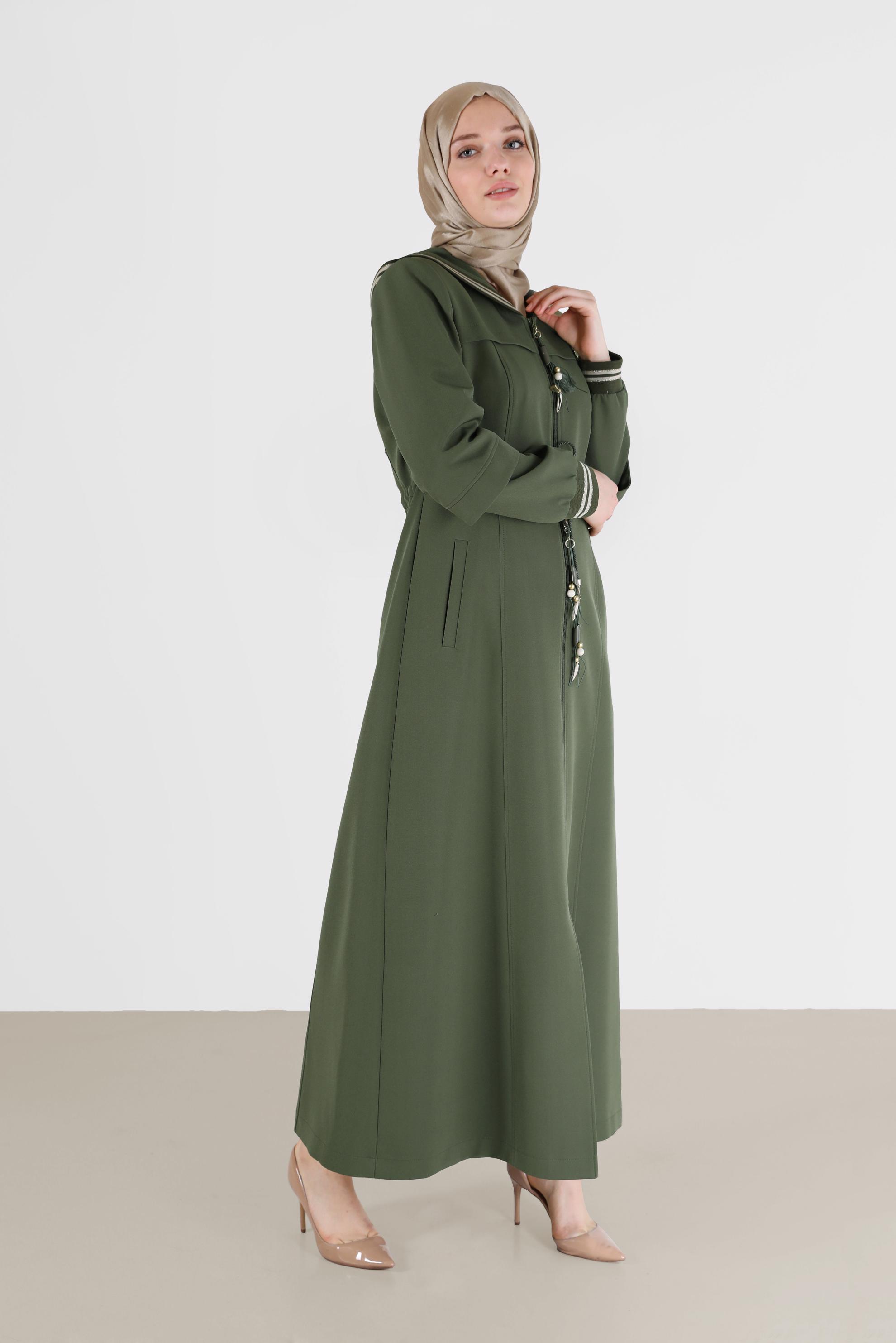 Hijab clothing KHAKI GATHERED WAIST HOODED TOPCOAT 10472 