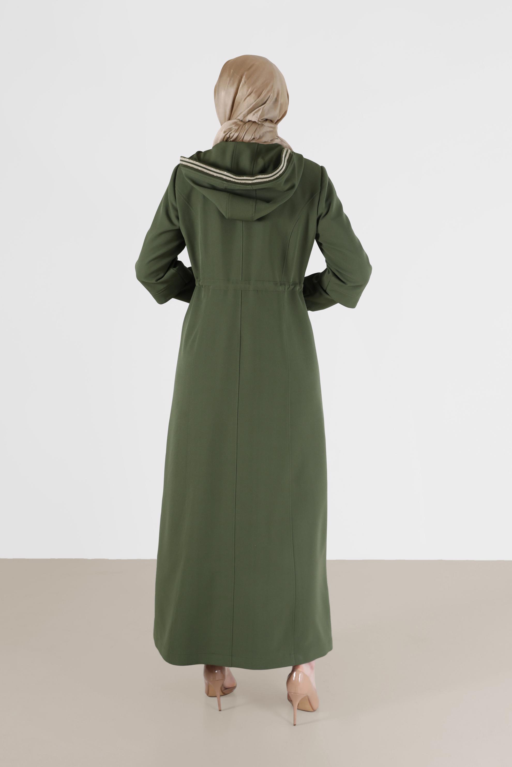 Hijab clothing KHAKI GATHERED WAIST HOODED TOPCOAT 10472 