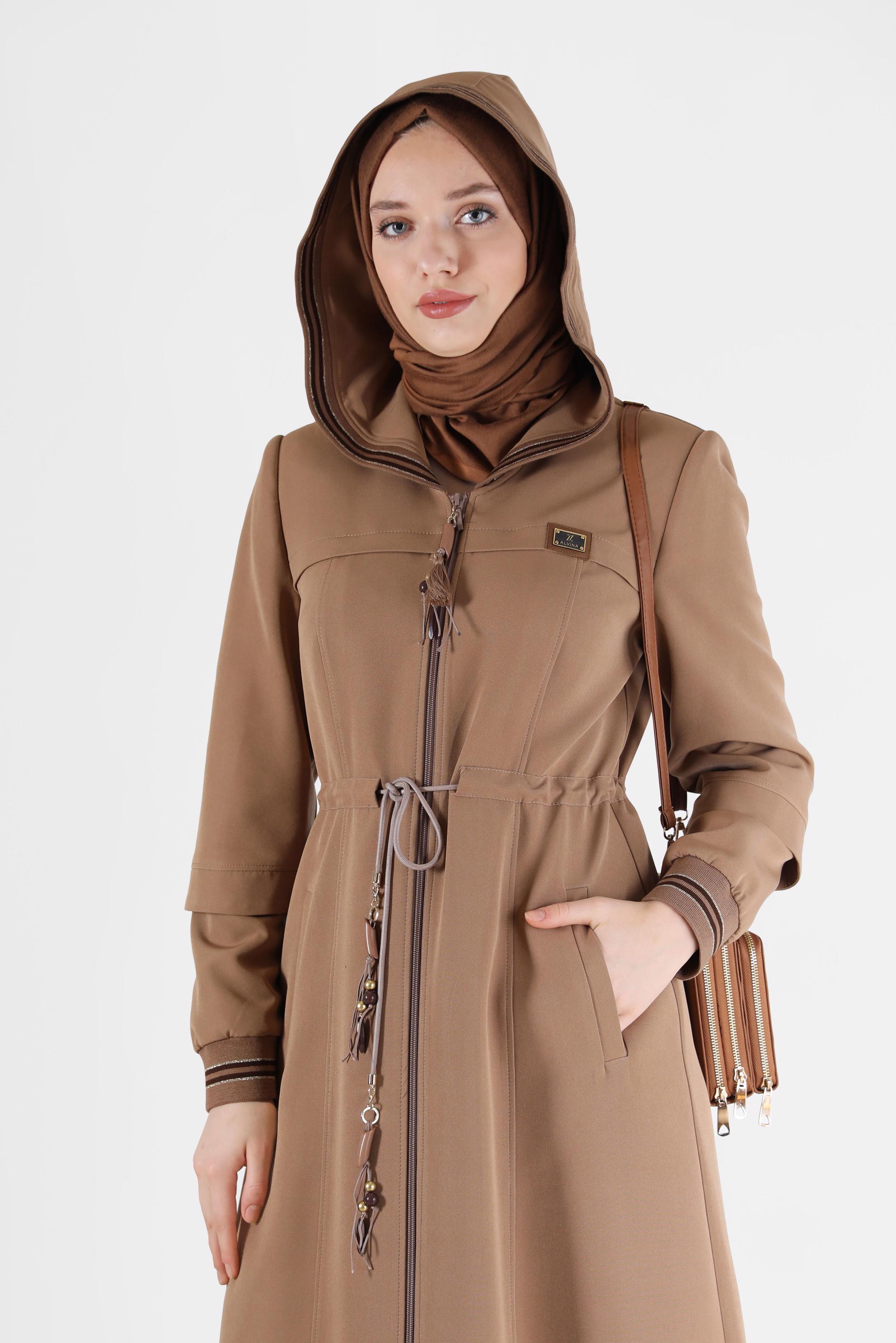 Hijab clothing BEIGE GATHERED WAIST HOODED TOPCOAT 10472 