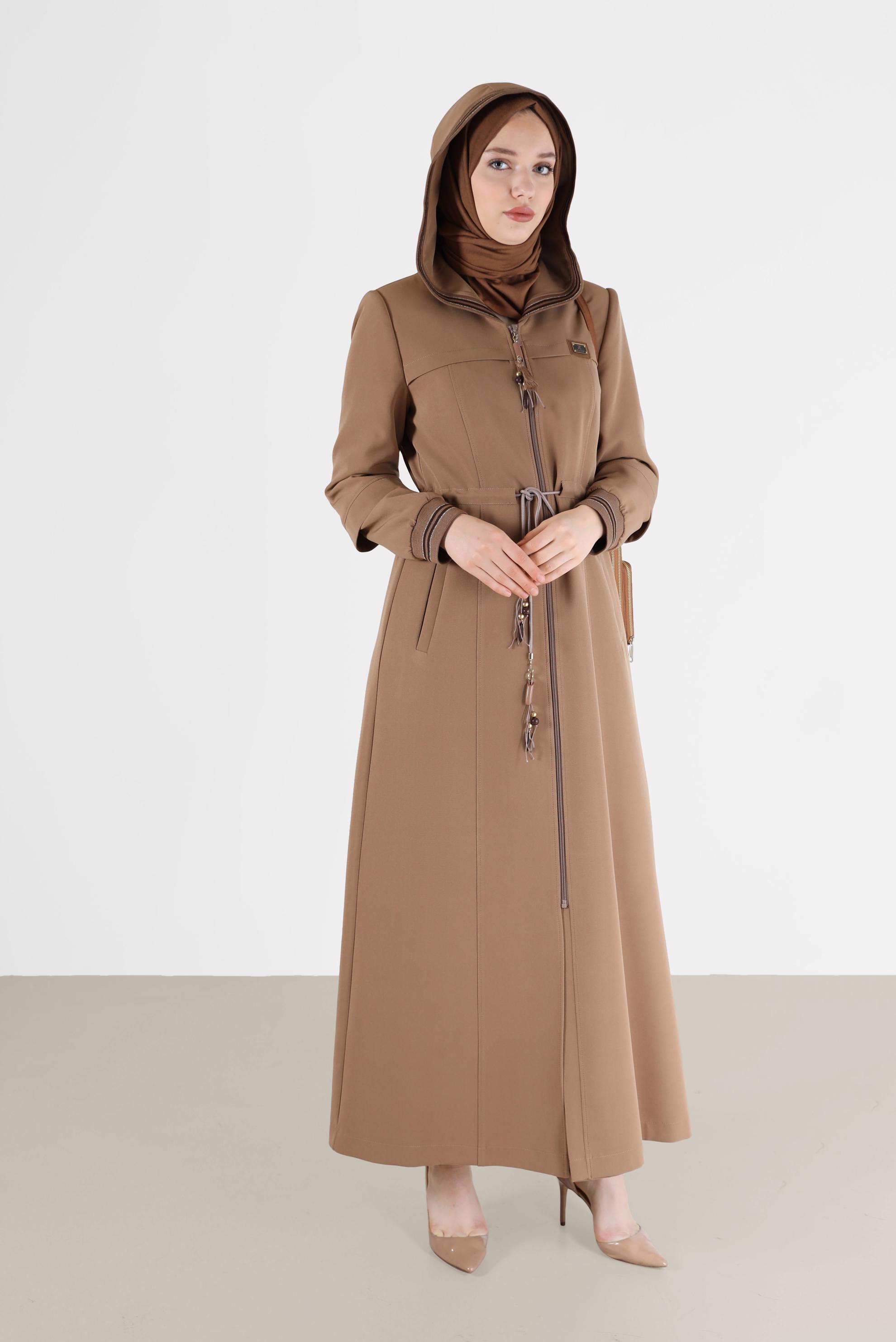 Hijab clothing BEIGE GATHERED WAIST HOODED TOPCOAT 10472 