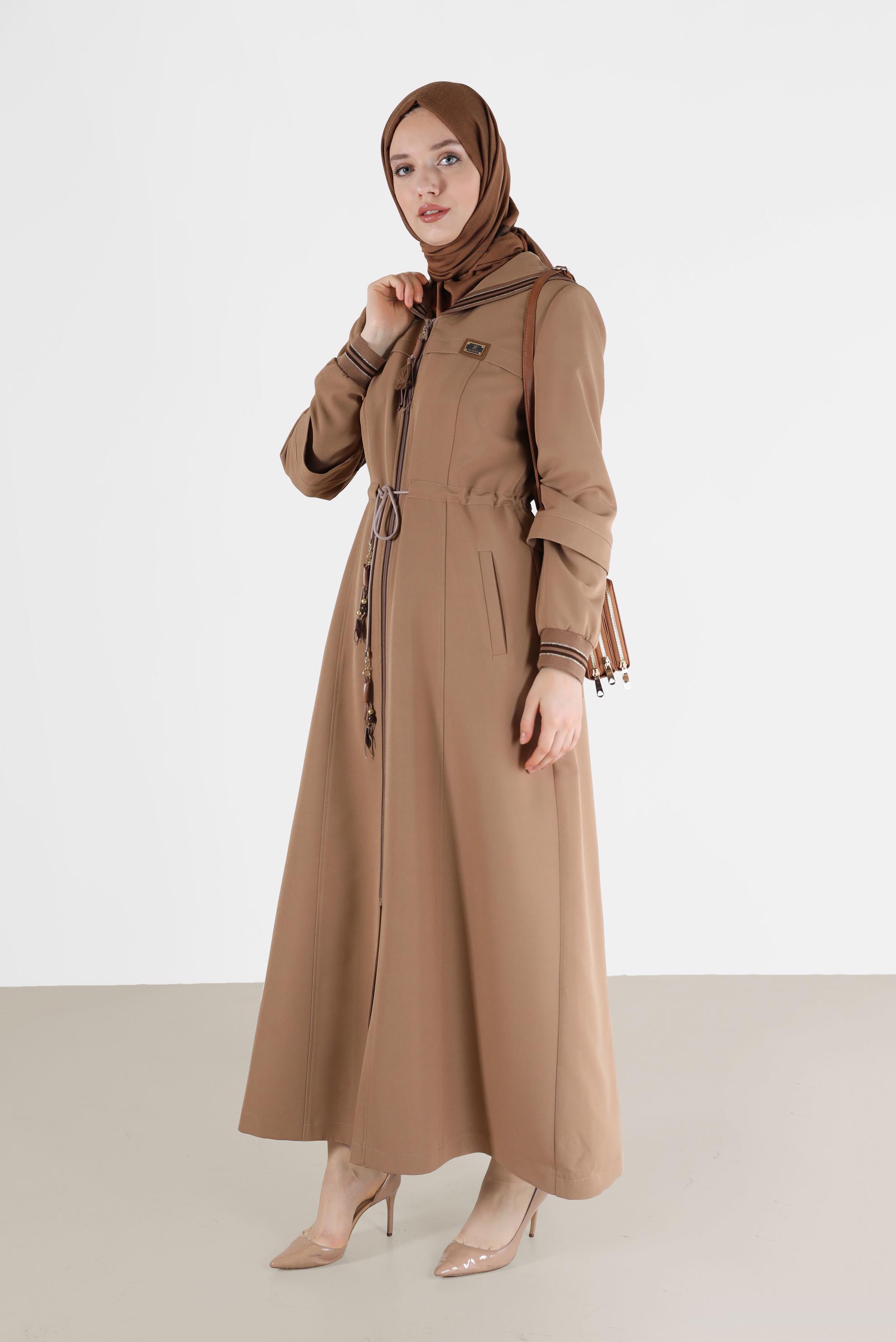 Hijab clothing BEIGE GATHERED WAIST HOODED TOPCOAT 10472 