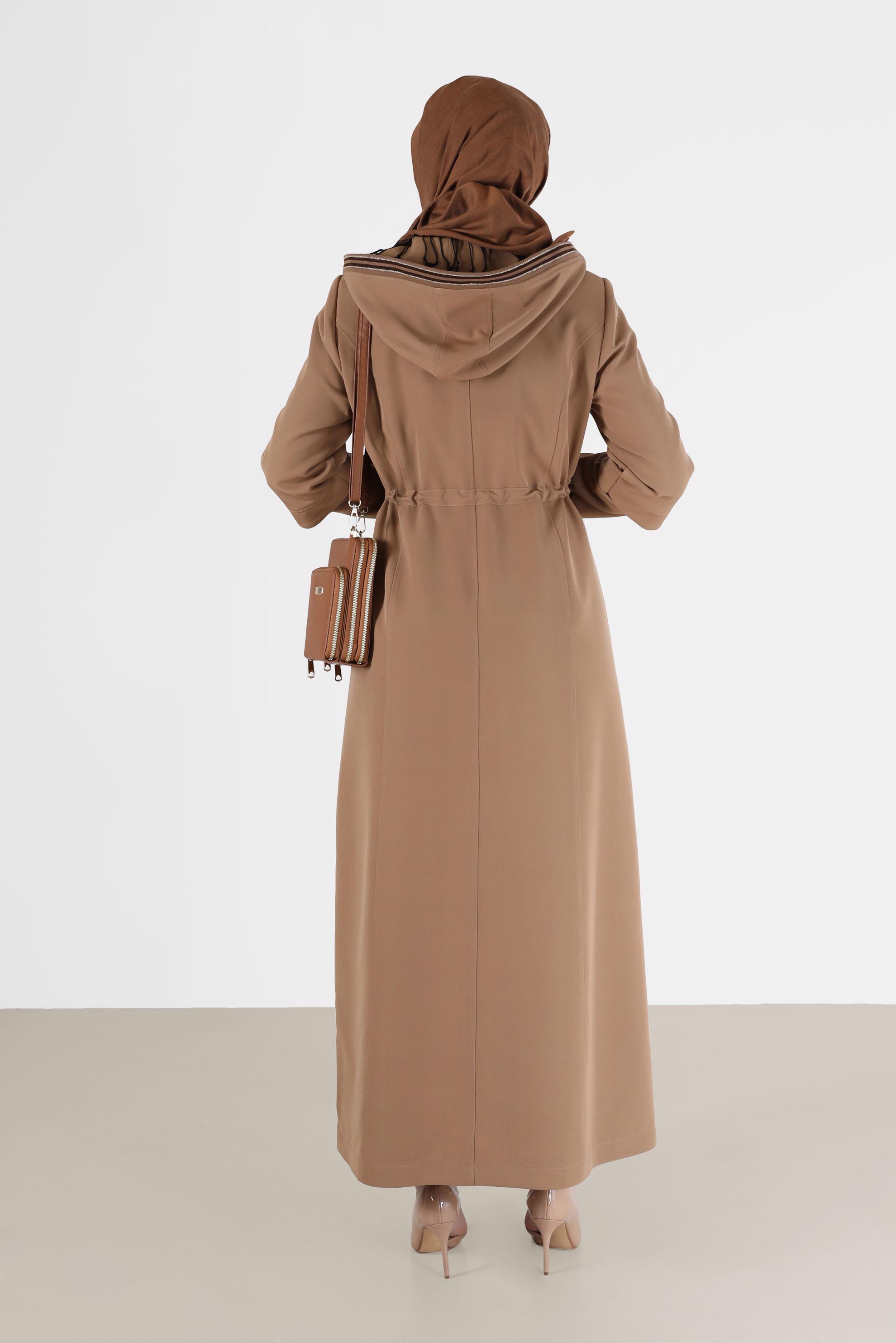 Hijab clothing BEIGE GATHERED WAIST HOODED TOPCOAT 10472 