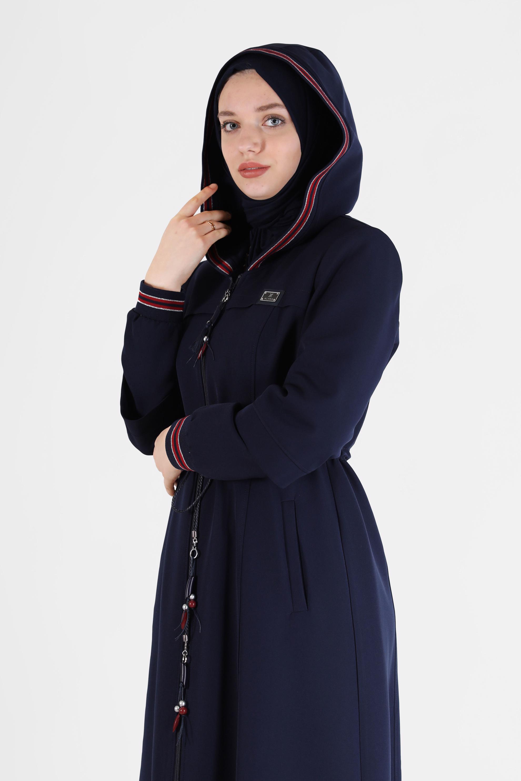 Hijab clothing NAVY BLUE GATHERED WAIST HOODED TOPCOAT 10472 