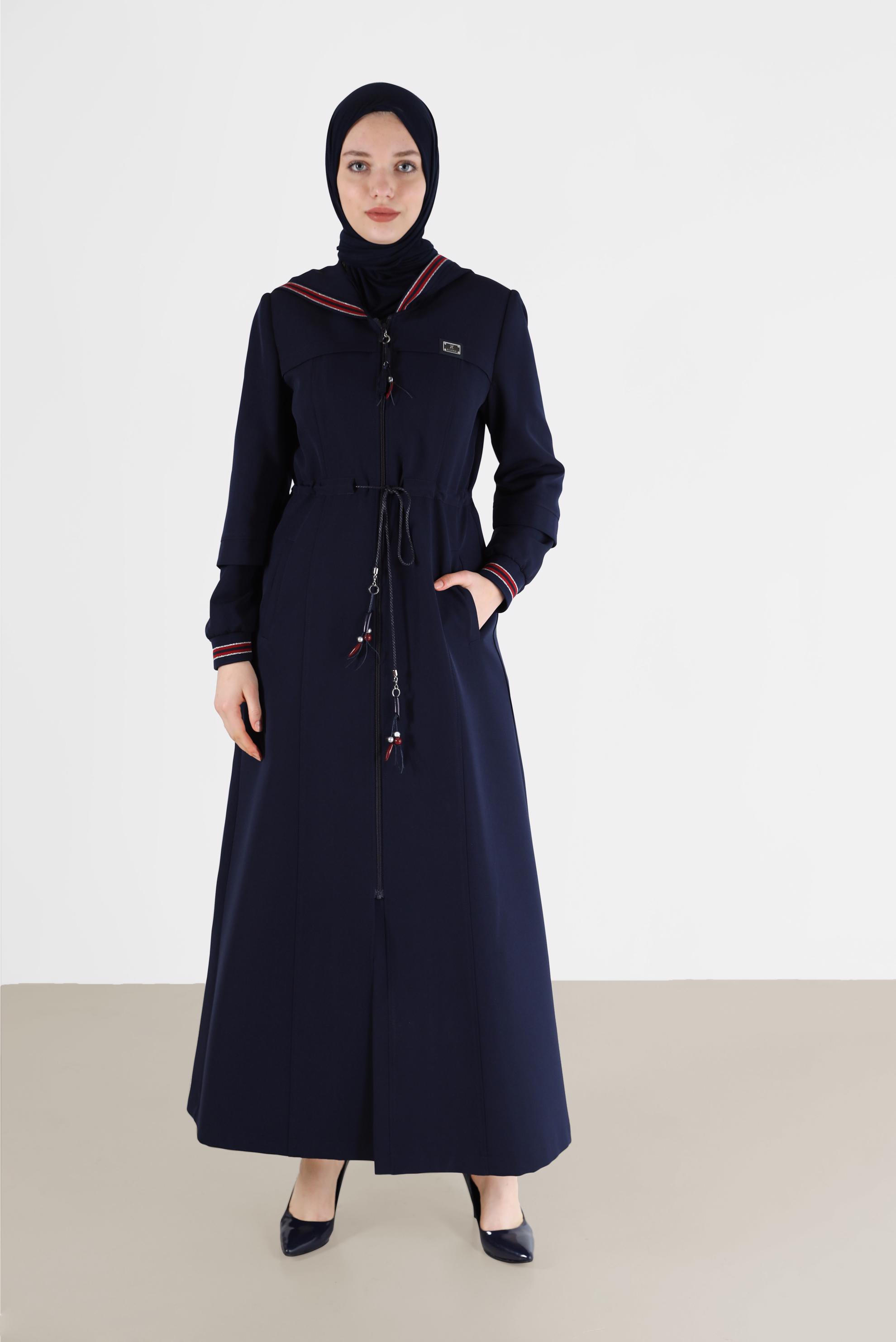 Hijab clothing NAVY BLUE GATHERED WAIST HOODED TOPCOAT 10472 