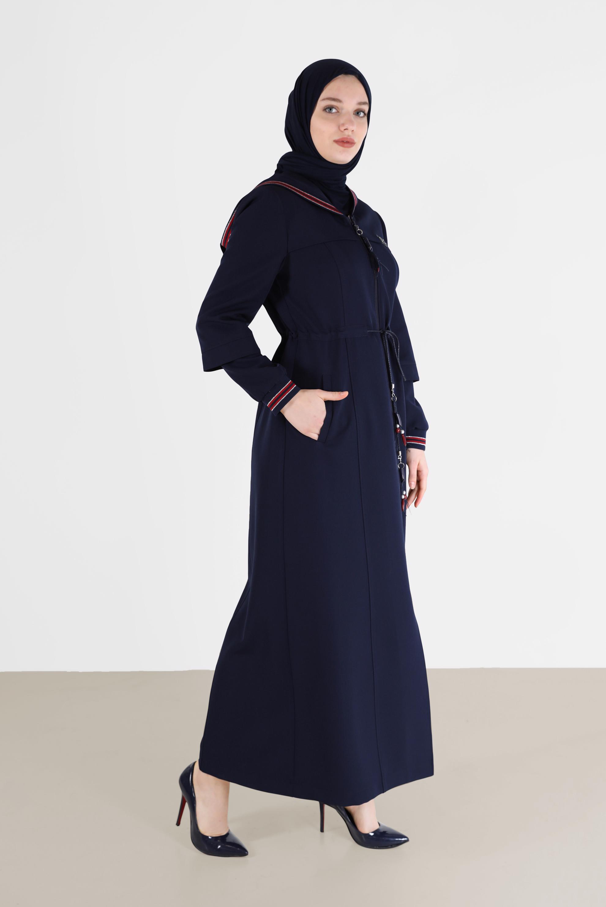 Hijab clothing NAVY BLUE GATHERED WAIST HOODED TOPCOAT 10472 