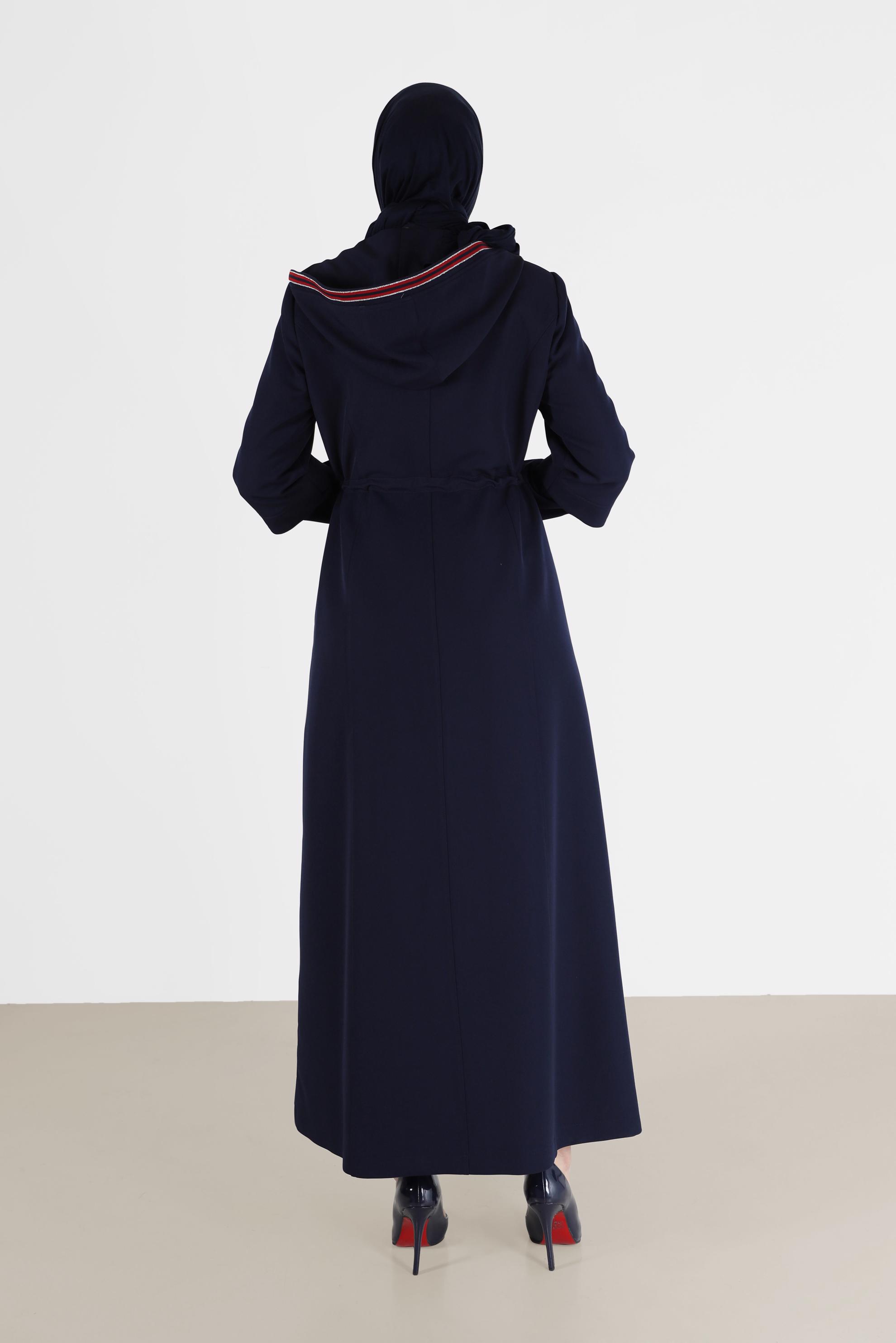 Hijab clothing NAVY BLUE GATHERED WAIST HOODED TOPCOAT 10472 