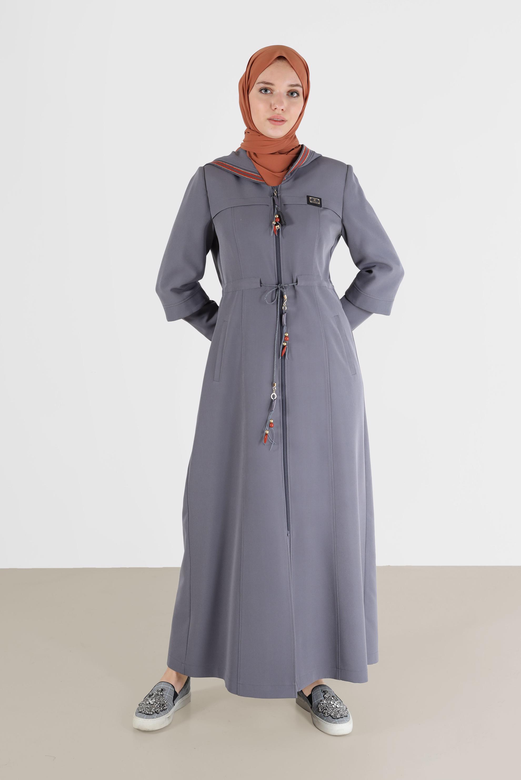 Hijab clothing GREY GATHERED WAIST HOODED TOPCOAT 10472 