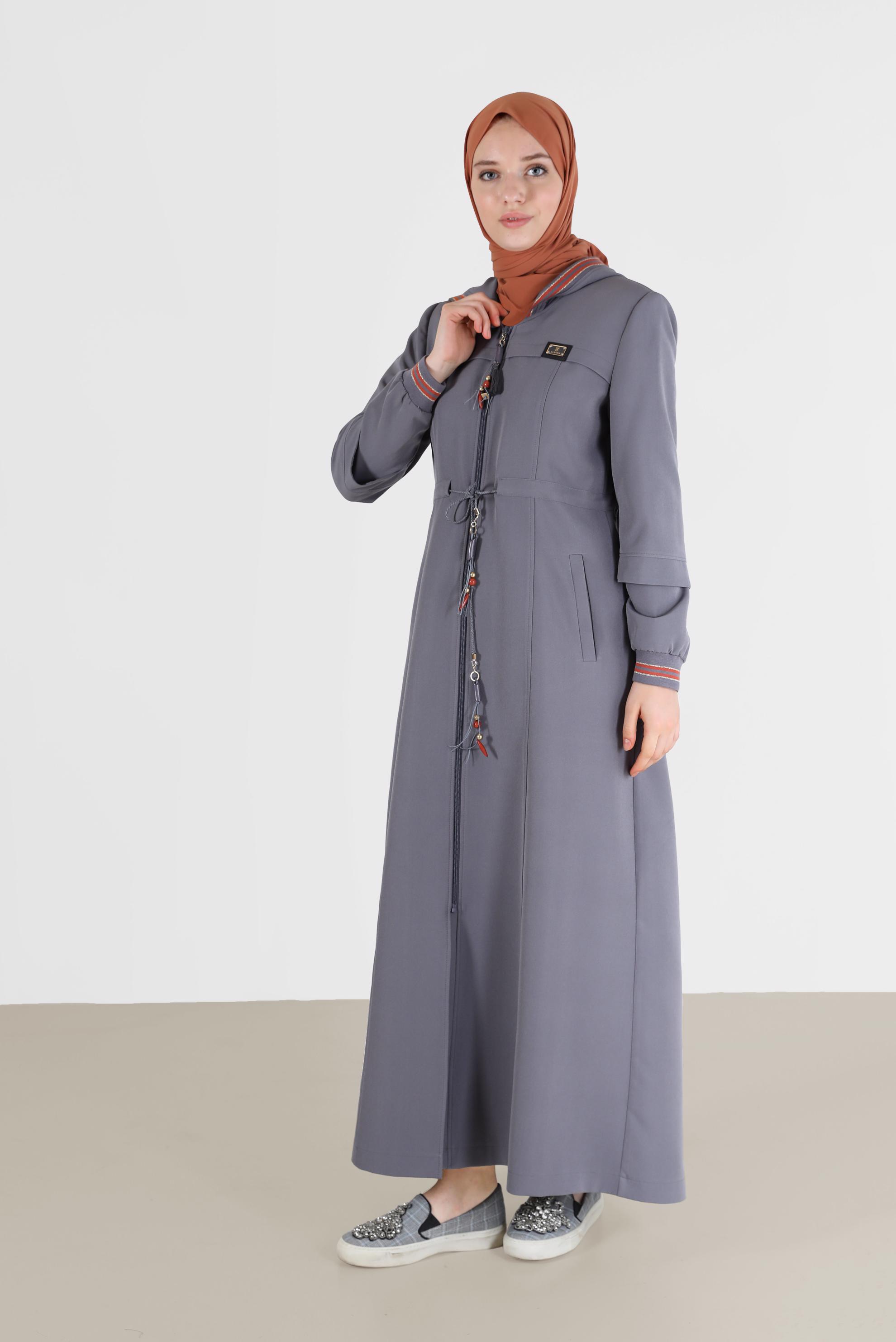 Hijab clothing GREY GATHERED WAIST HOODED TOPCOAT 10472 
