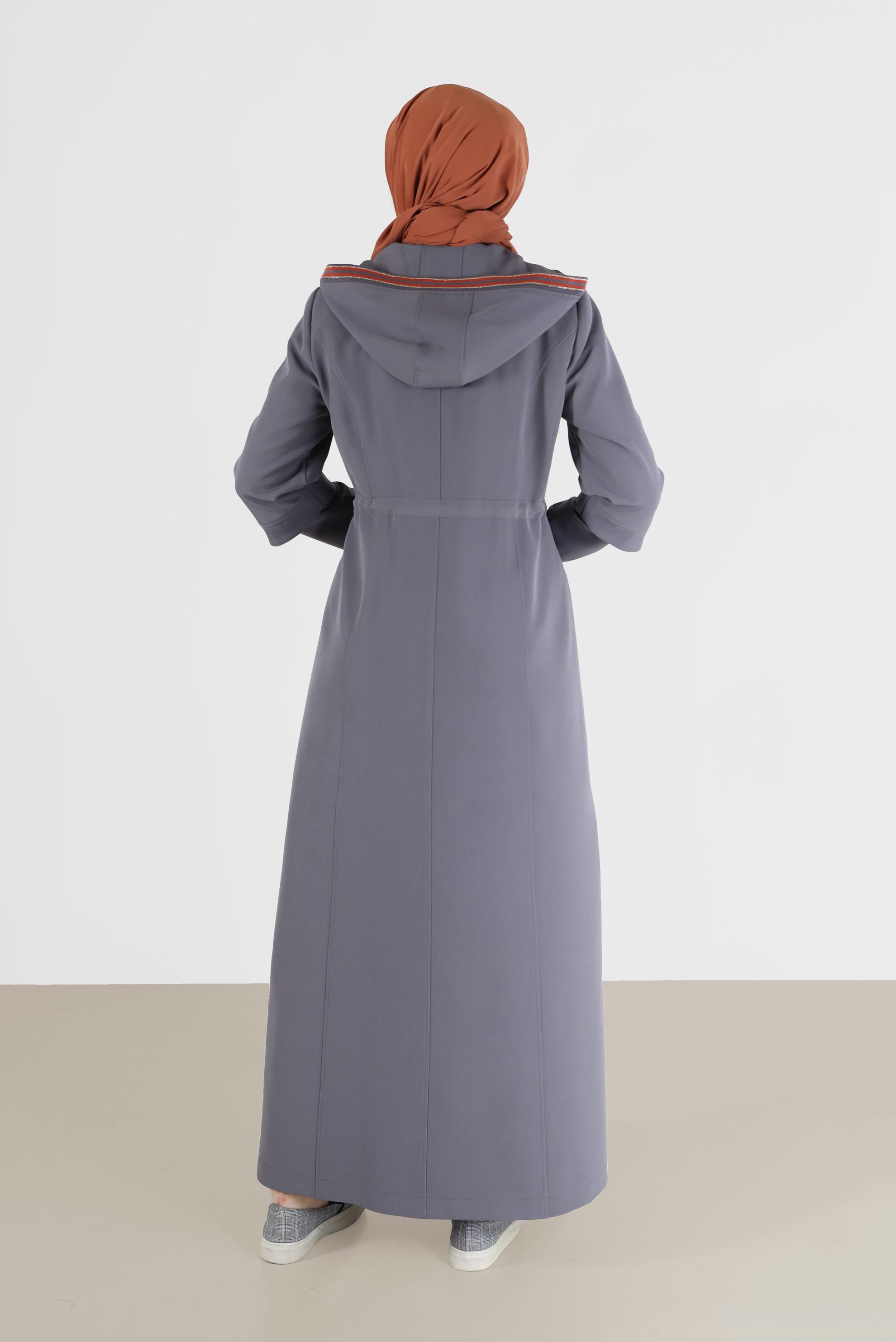 Hijab clothing GREY GATHERED WAIST HOODED TOPCOAT 10472 