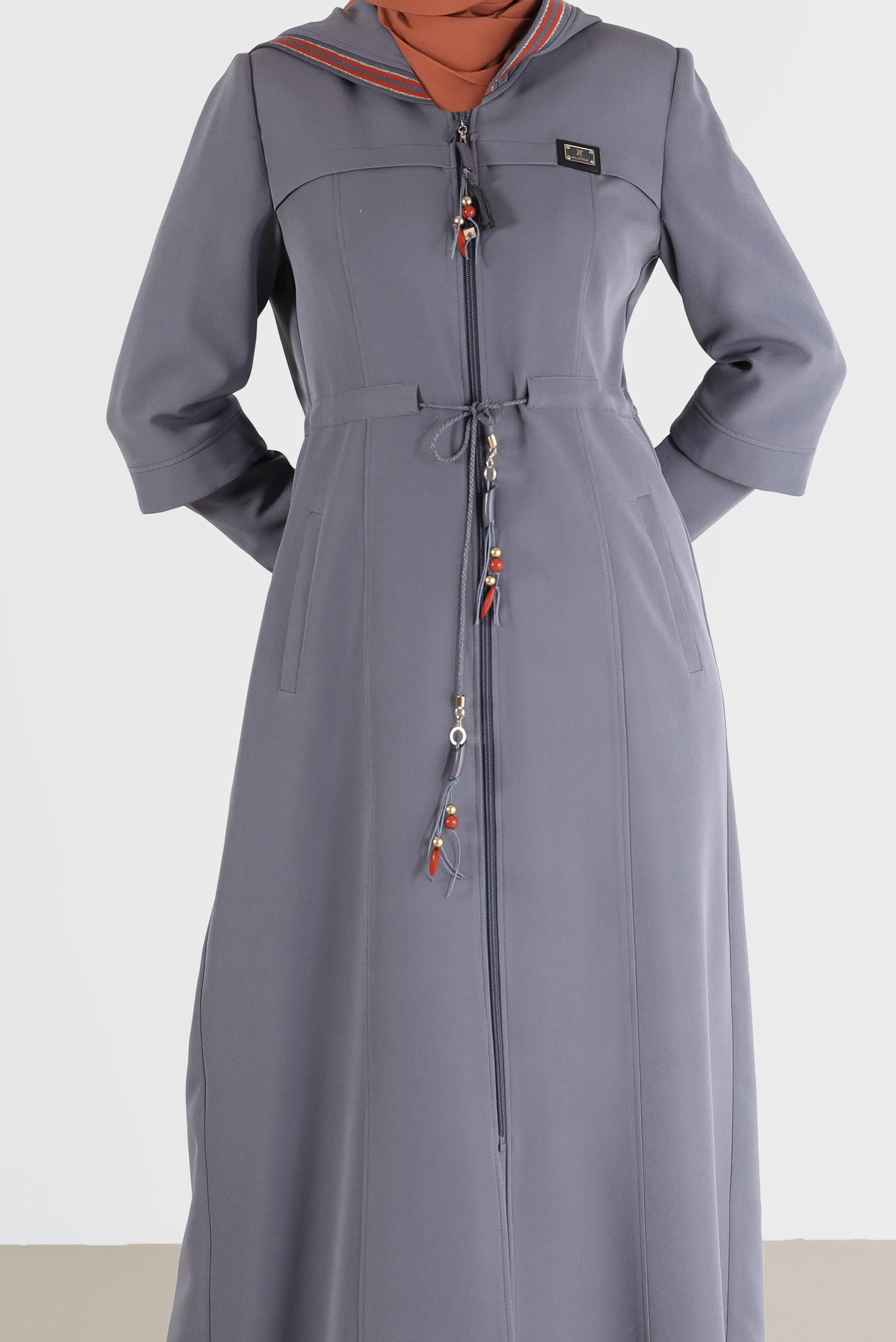 Hijab clothing GREY GATHERED WAIST HOODED TOPCOAT 10472 