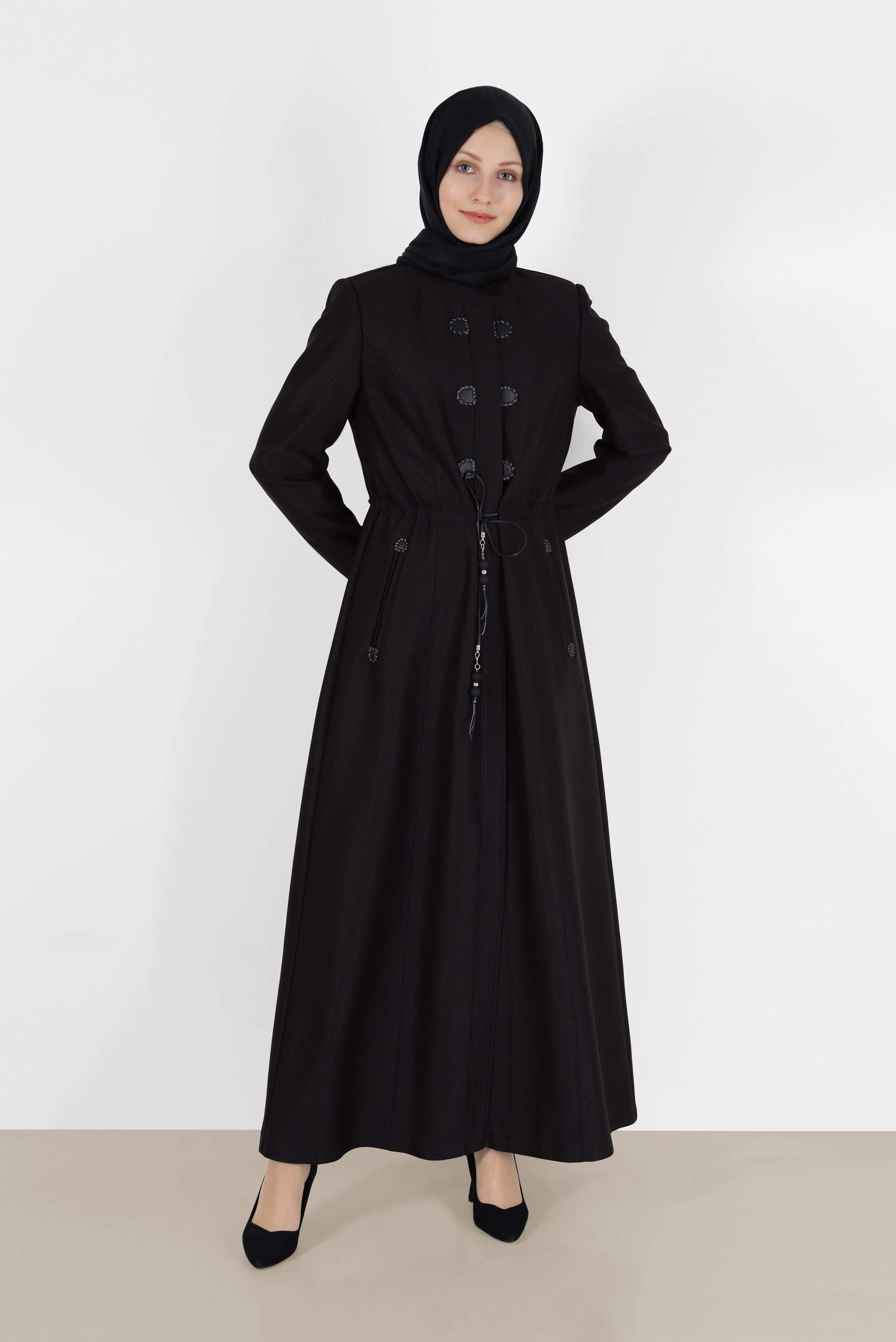 Tesettür giyim SİYAH HAKİM YAKA BELİ BÜZGÜLÜ PARDESÜ 10473 