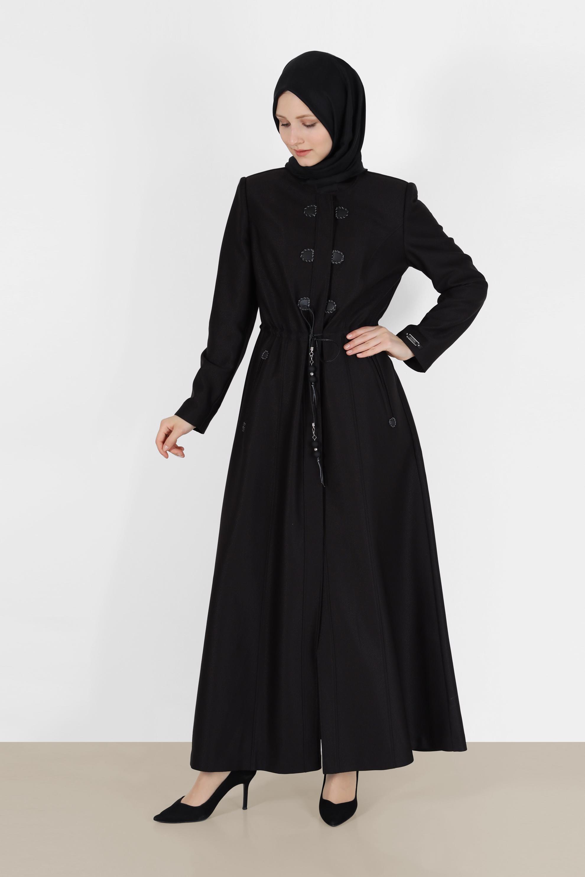 Tesettür giyim SİYAH HAKİM YAKA BELİ BÜZGÜLÜ PARDESÜ 10473 