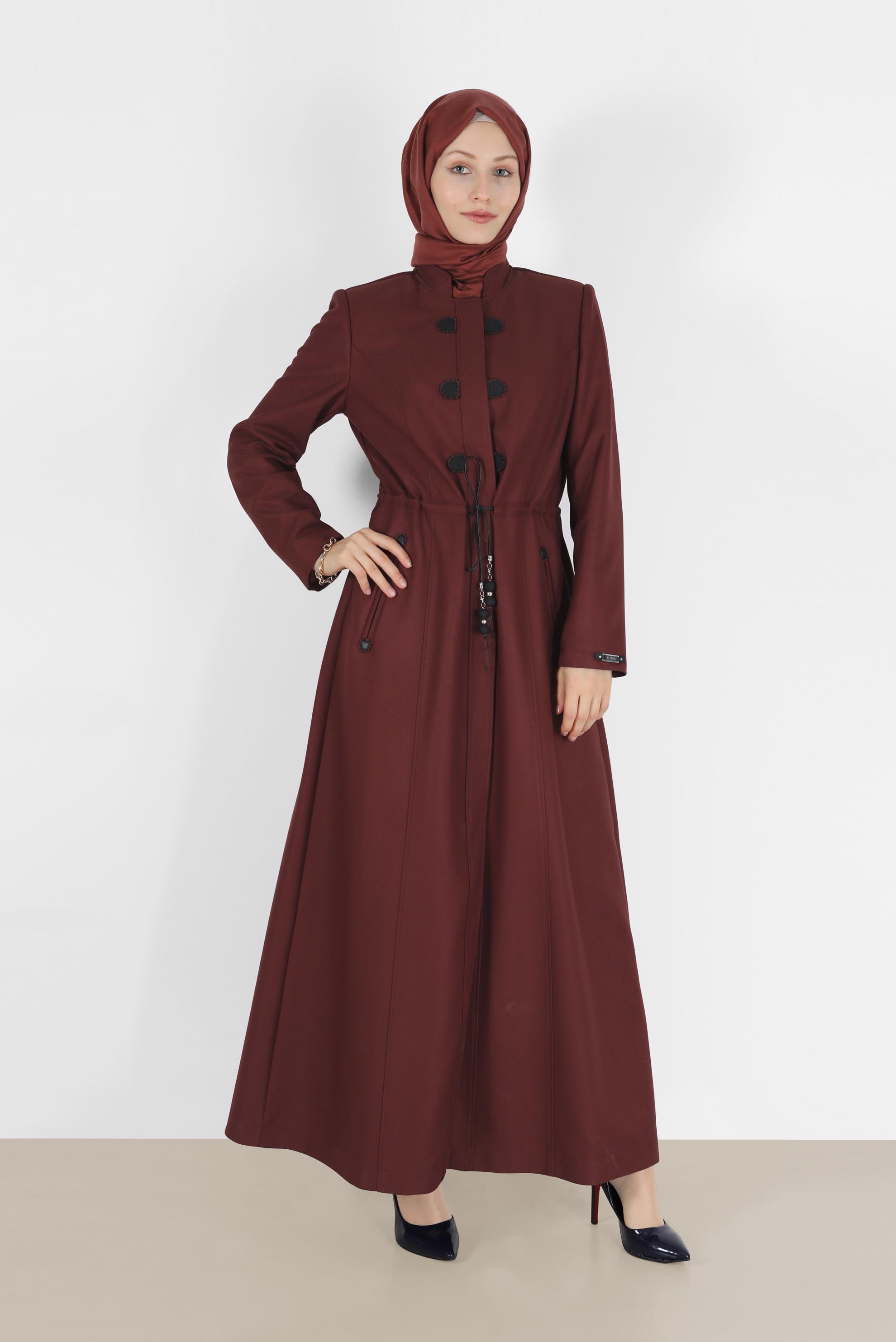 Tesettür giyim TURUNCU HAKİM YAKA BELİ BÜZGÜLÜ PARDESÜ 10473 