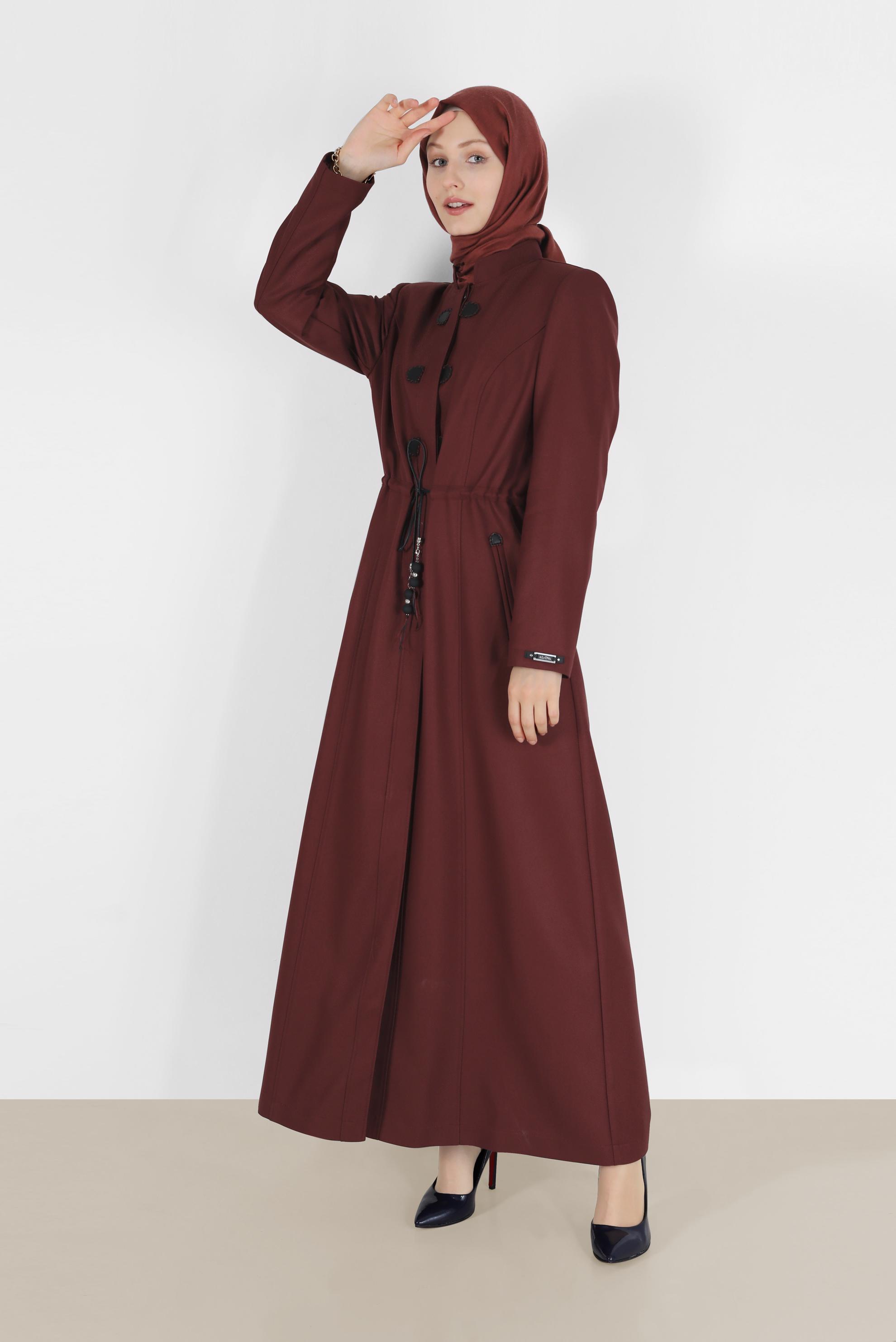 Tesettür giyim TURUNCU HAKİM YAKA BELİ BÜZGÜLÜ PARDESÜ 10473 