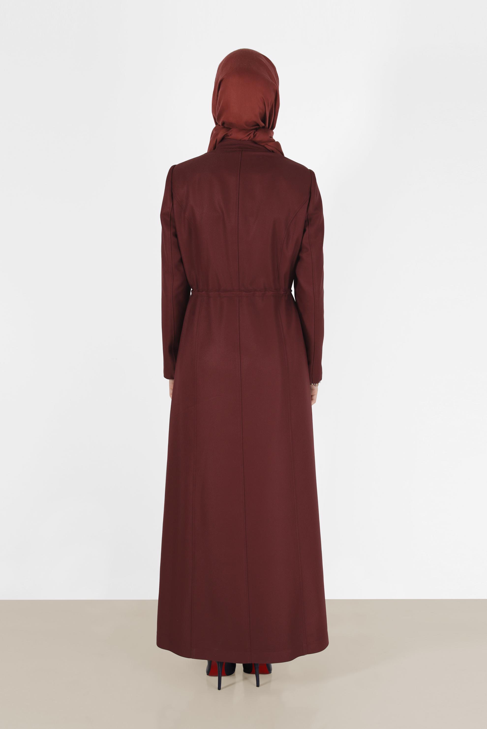 Tesettür giyim TURUNCU HAKİM YAKA BELİ BÜZGÜLÜ PARDESÜ 10473 