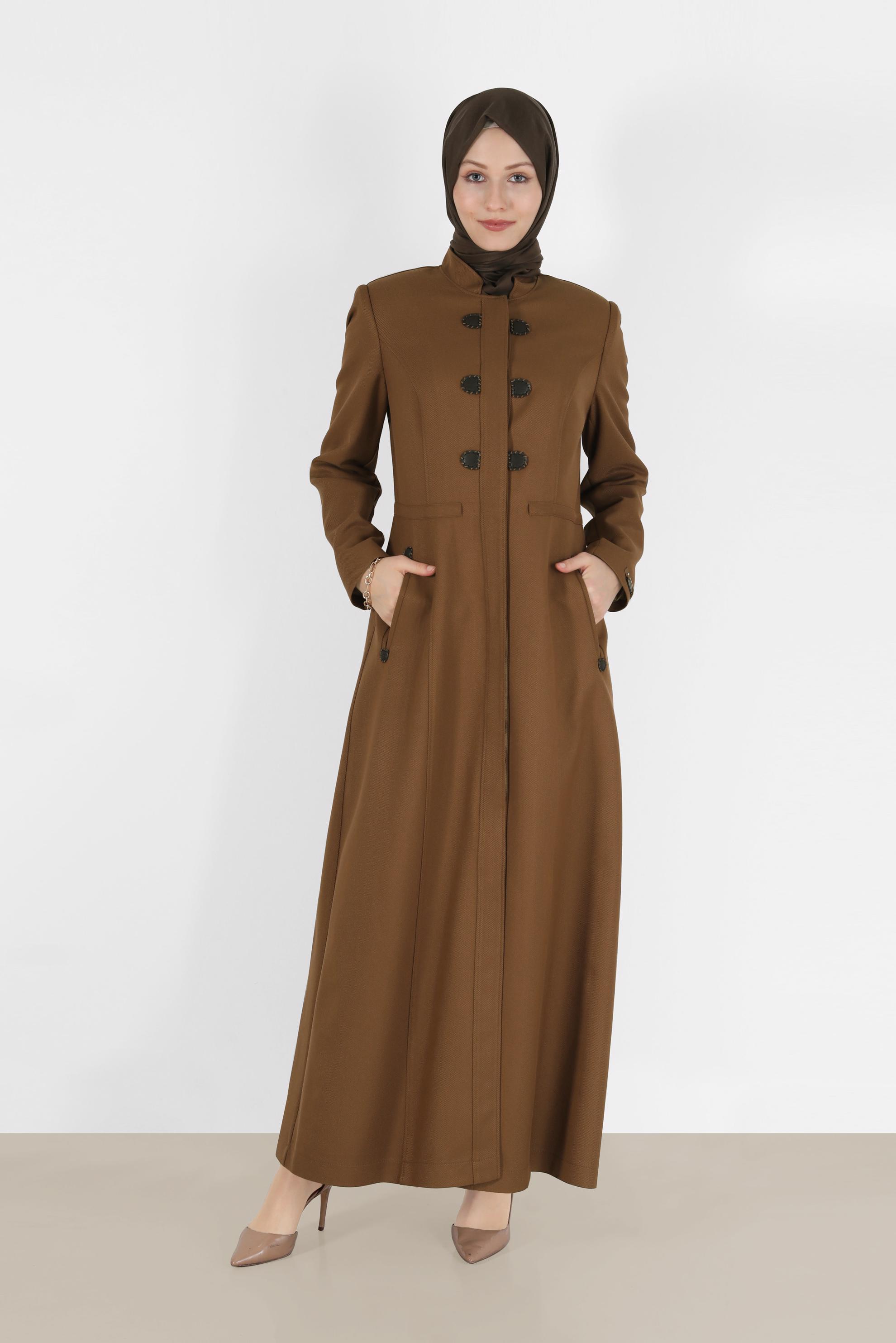 Tesettür giyim TABA HAKİM YAKA BELİ BÜZGÜLÜ PARDESÜ 10473 