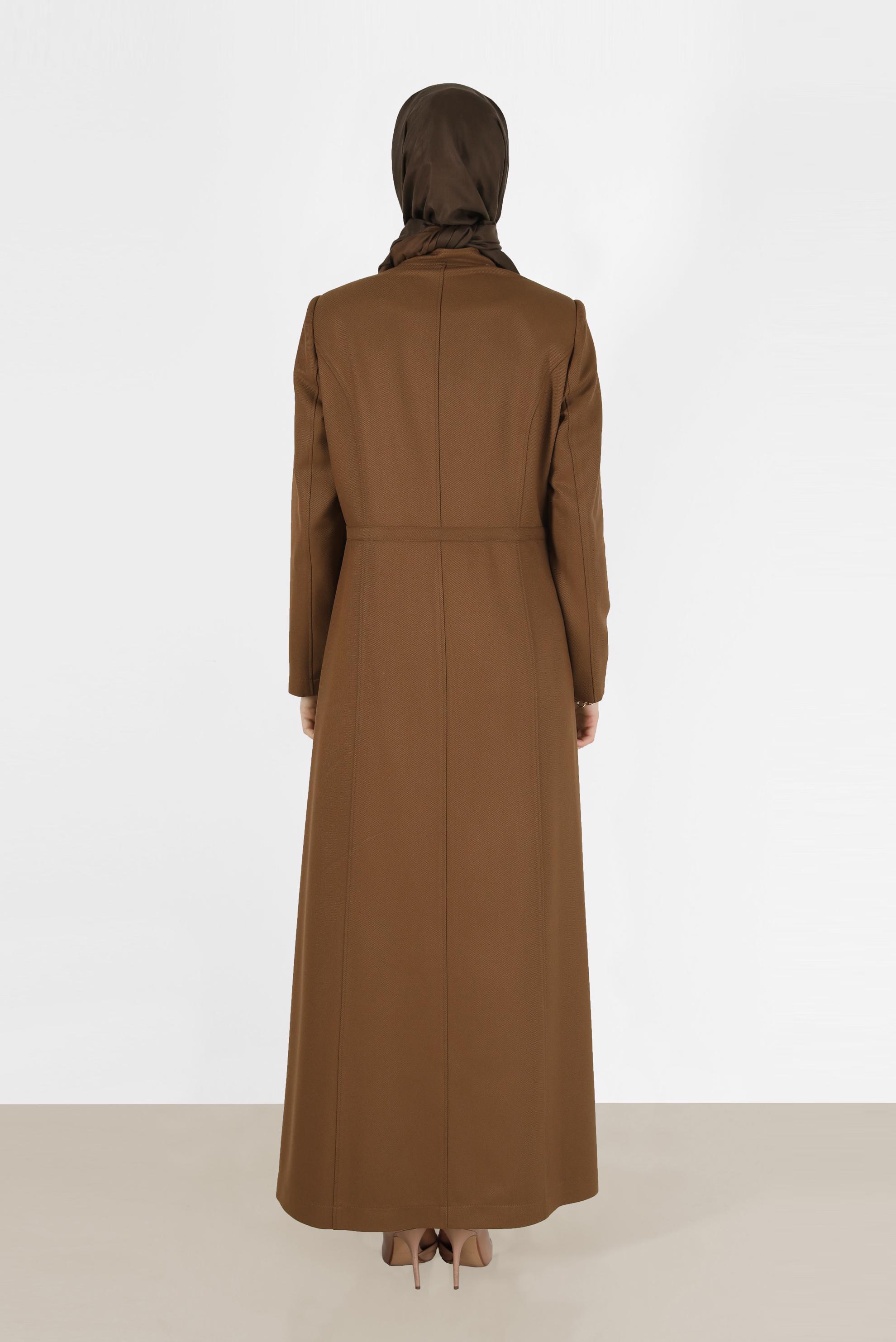 Tesettür giyim TABA HAKİM YAKA BELİ BÜZGÜLÜ PARDESÜ 10473 