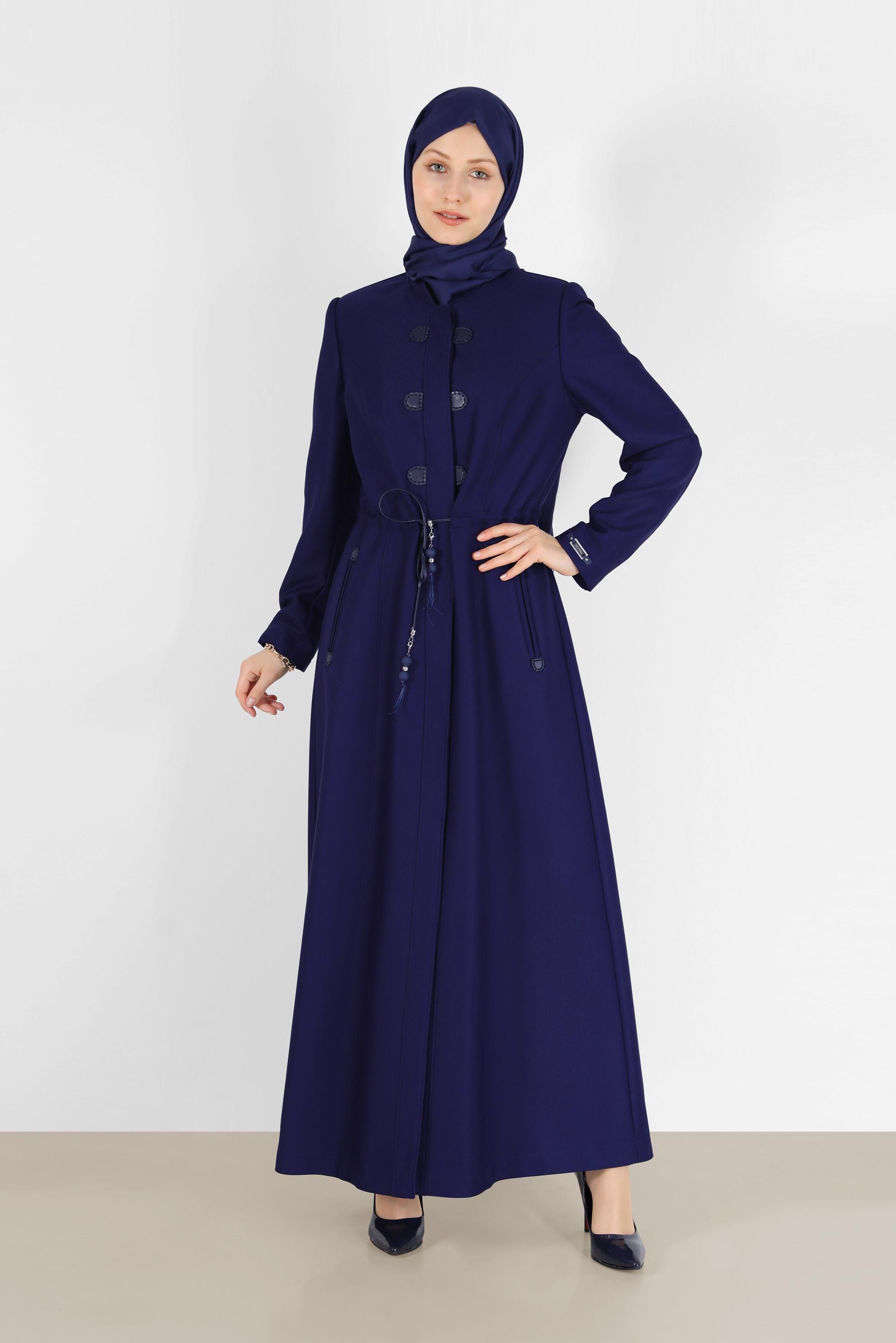 Tesettür giyim LACİVERT HAKİM YAKA BELİ BÜZGÜLÜ PARDESÜ 10473 