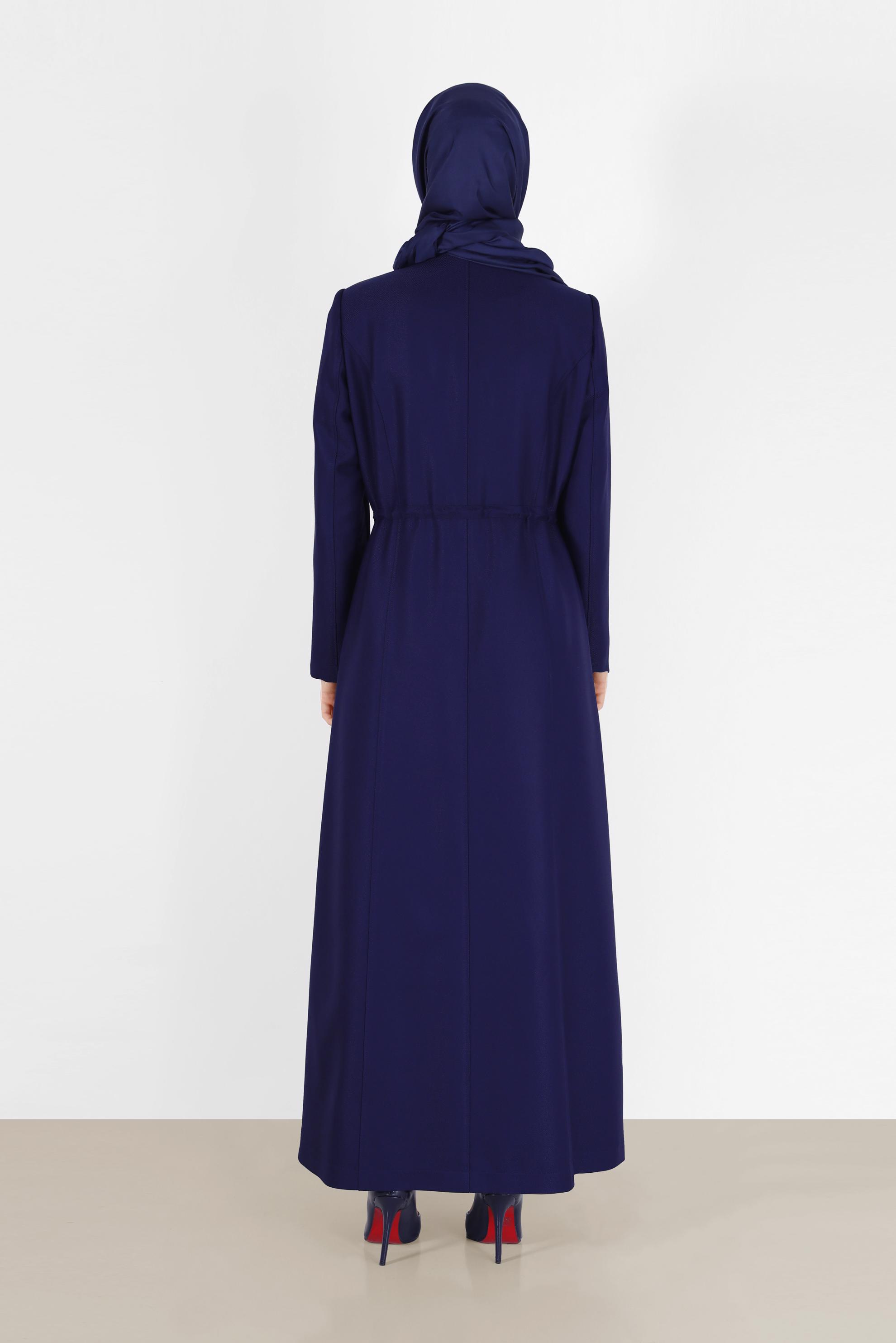 Tesettür giyim LACİVERT HAKİM YAKA BELİ BÜZGÜLÜ PARDESÜ 10473 