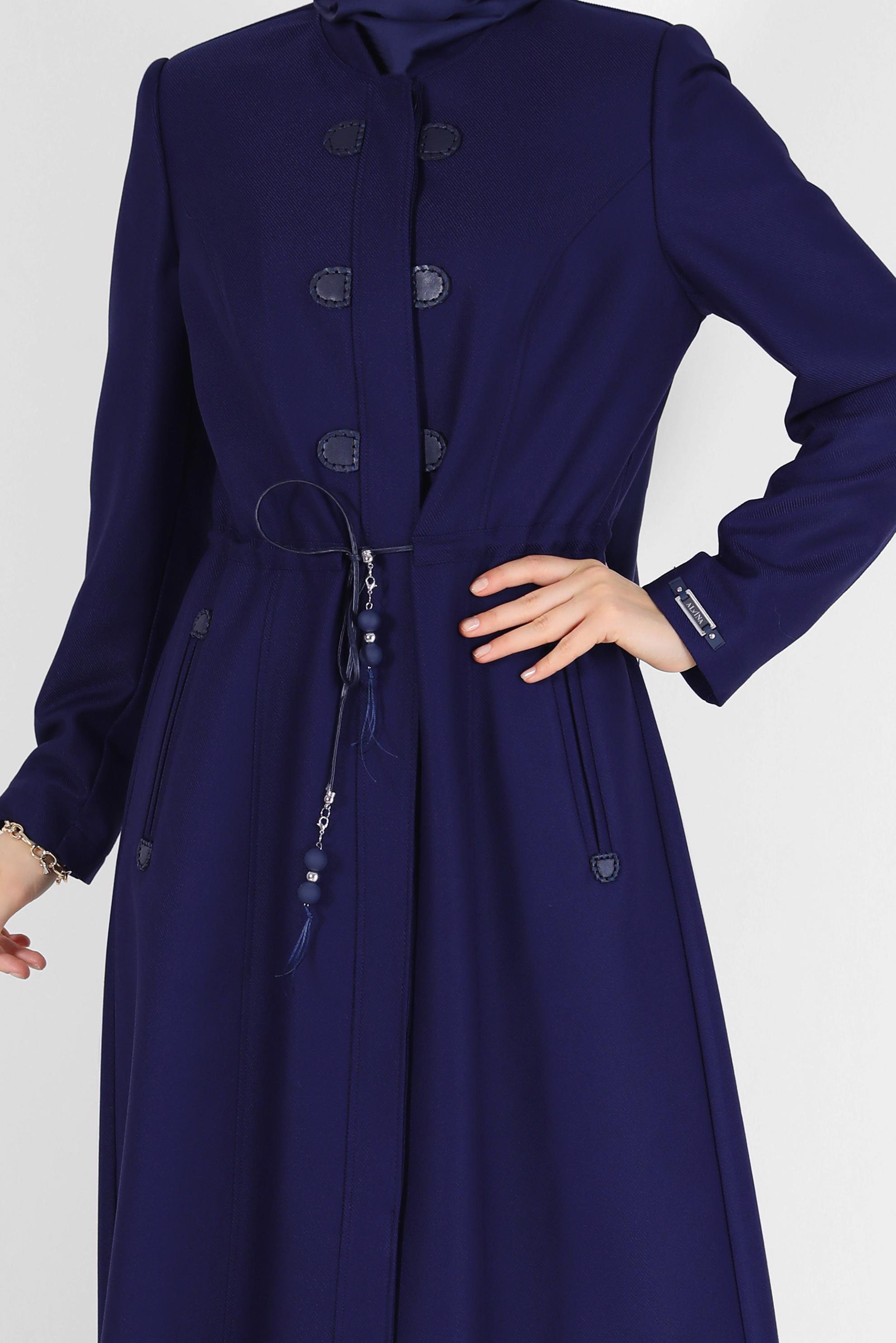 Tesettür giyim LACİVERT HAKİM YAKA BELİ BÜZGÜLÜ PARDESÜ 10473 