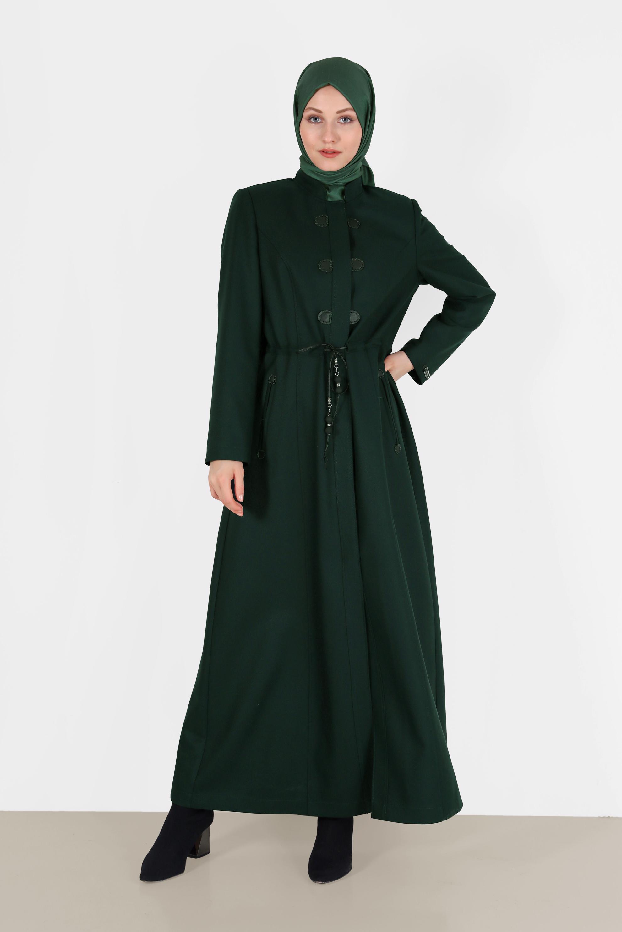 Tesettür giyim YEŞİL HAKİM YAKA BELİ BÜZGÜLÜ PARDESÜ 10473 