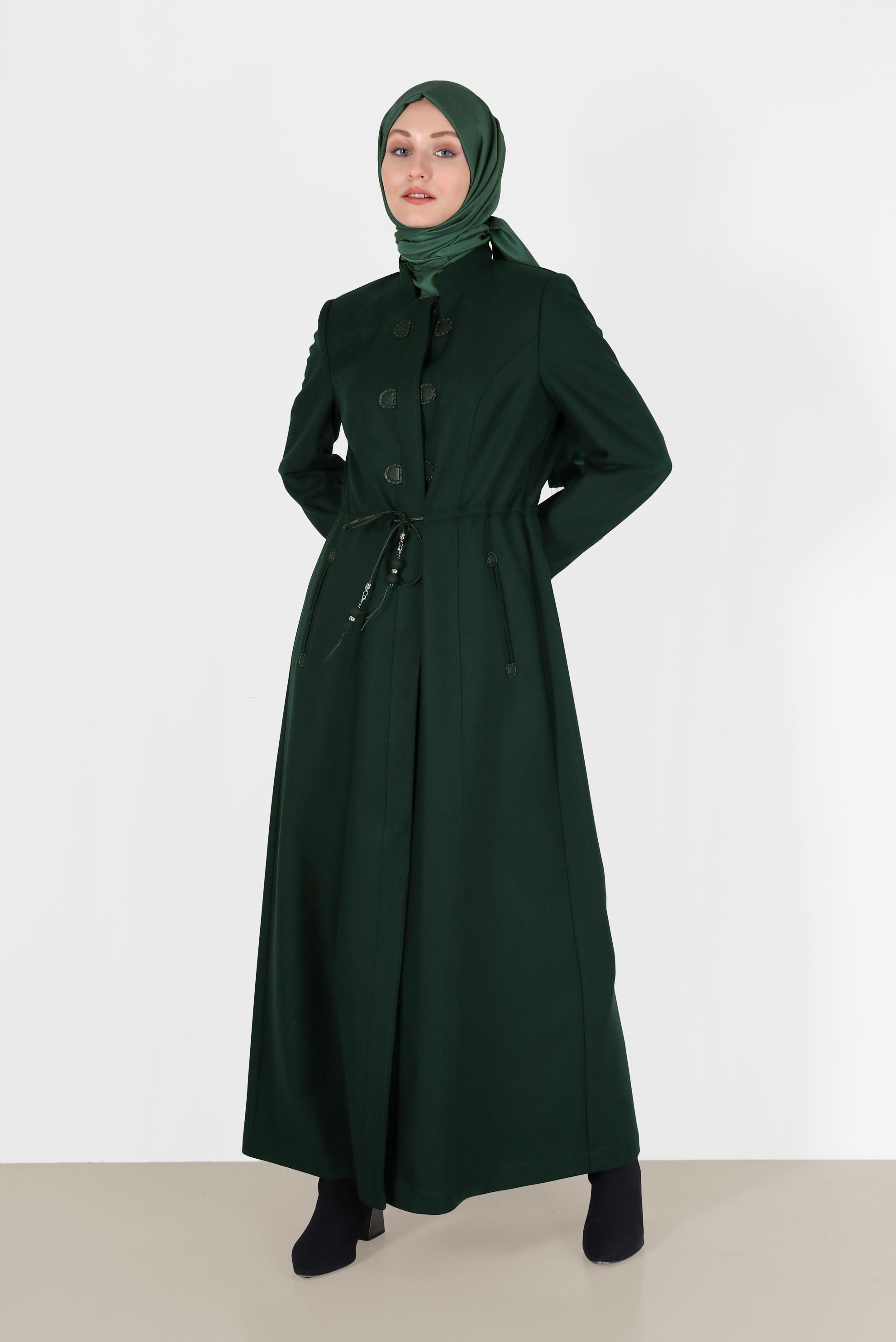 Tesettür giyim YEŞİL HAKİM YAKA BELİ BÜZGÜLÜ PARDESÜ 10473 
