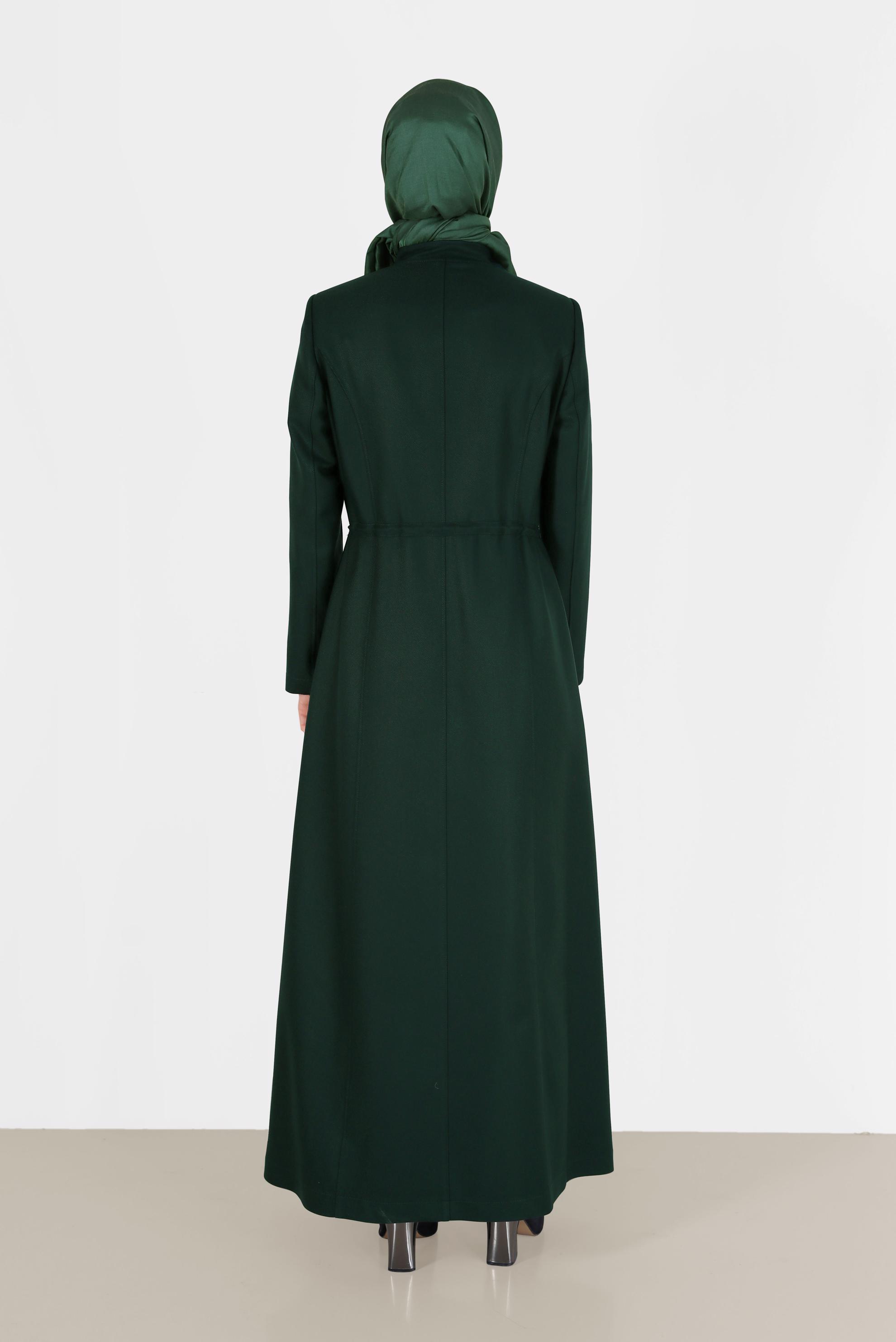 Tesettür giyim YEŞİL HAKİM YAKA BELİ BÜZGÜLÜ PARDESÜ 10473 