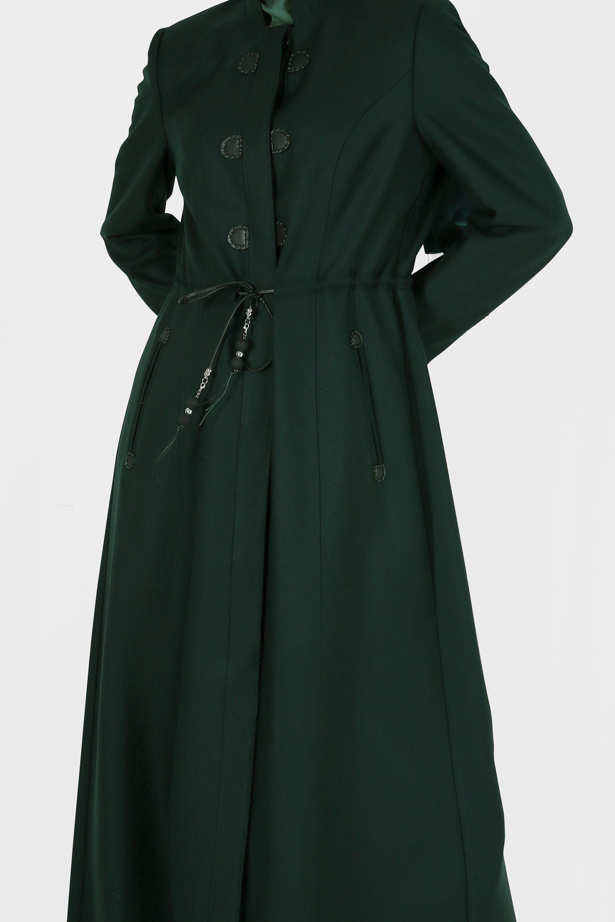 Tesettür giyim YEŞİL HAKİM YAKA BELİ BÜZGÜLÜ PARDESÜ 10473 