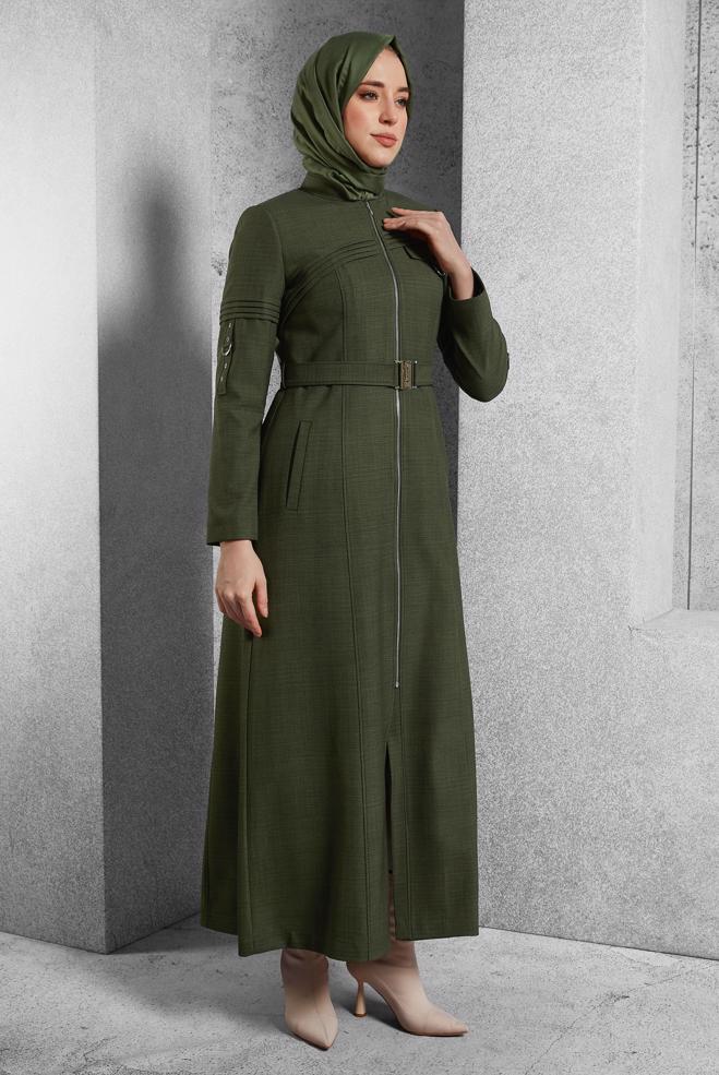 Vêtements hijab KAKI COUCHE DE FINITION CEINTURÉE 10474 - ALVİNA