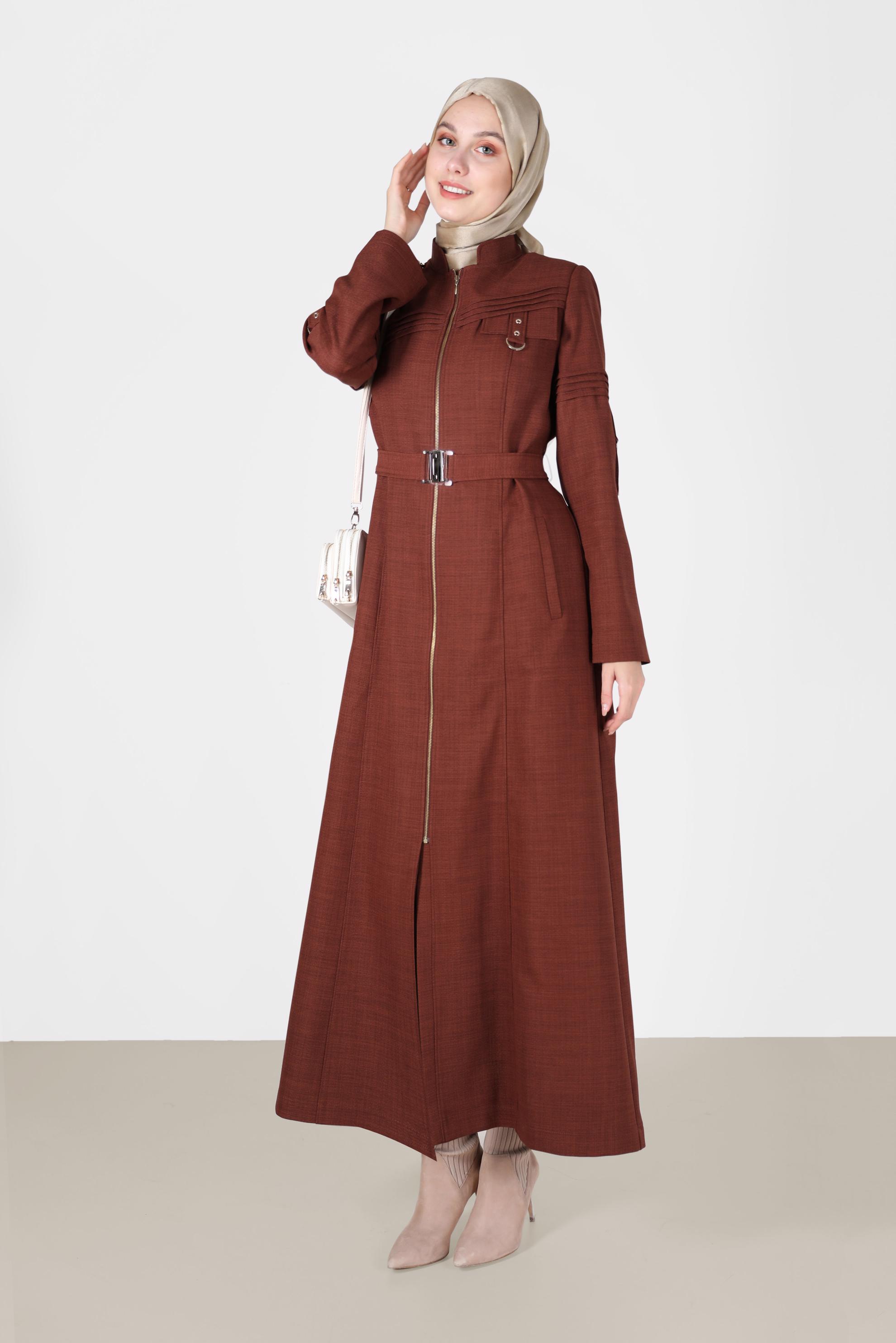Tesettür giyim TURUNCU KEMERLİ HAKİM YAKA PARDESÜ 10474