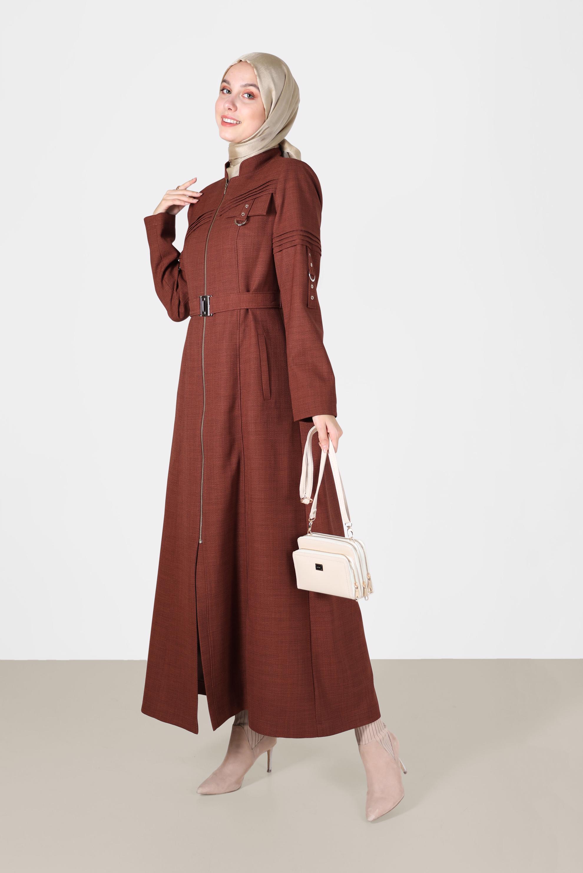 Tesettür giyim TURUNCU KEMERLİ HAKİM YAKA PARDESÜ 10474