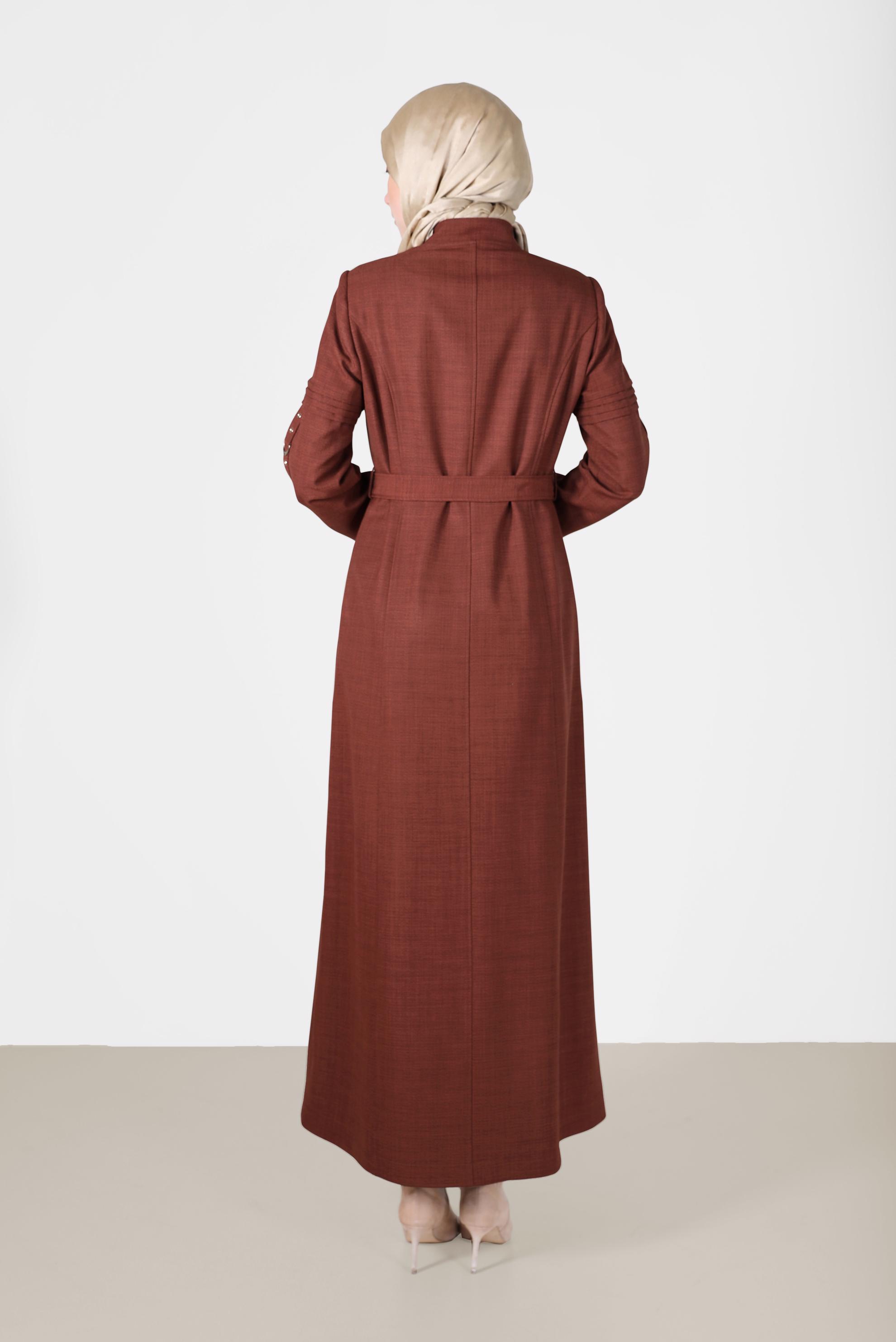 Tesettür giyim TURUNCU KEMERLİ HAKİM YAKA PARDESÜ 10474