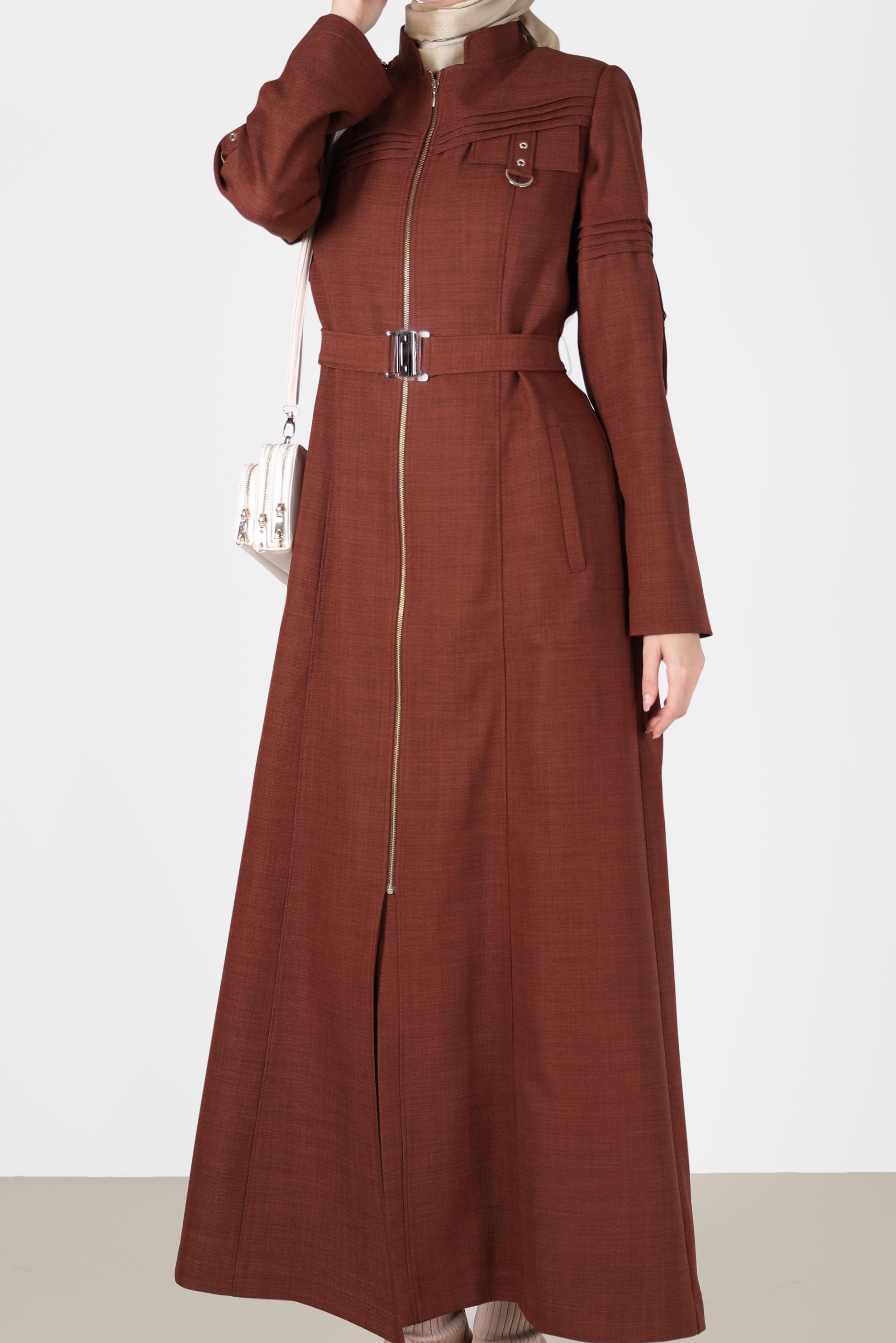 Tesettür giyim TURUNCU KEMERLİ HAKİM YAKA PARDESÜ 10474