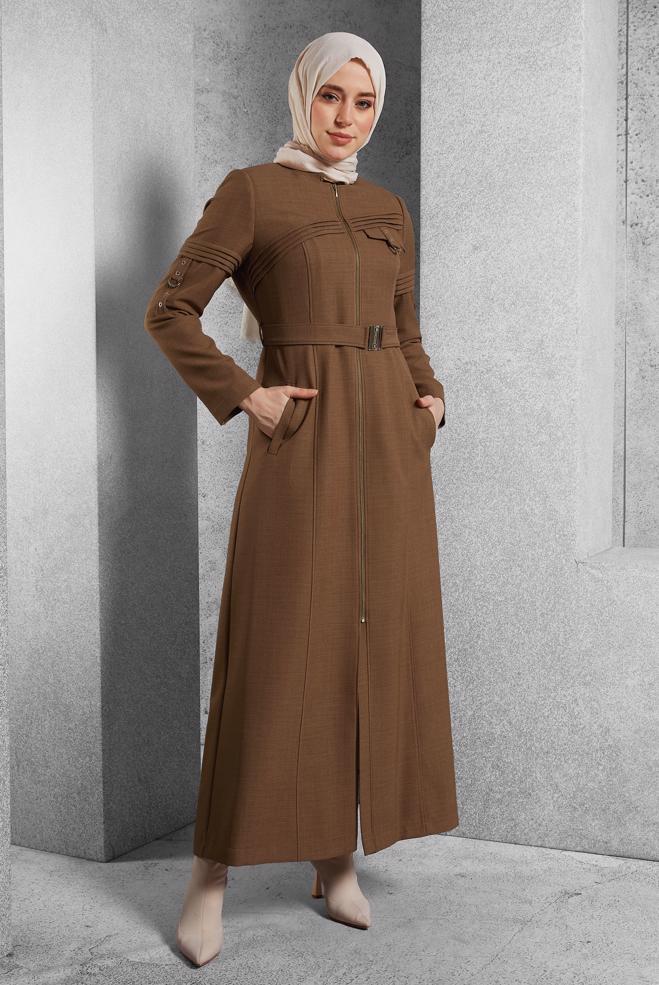 Vêtements hijab BRUN COUCHE DE FINITION CEINTURÉE 10474 - ALVİNA