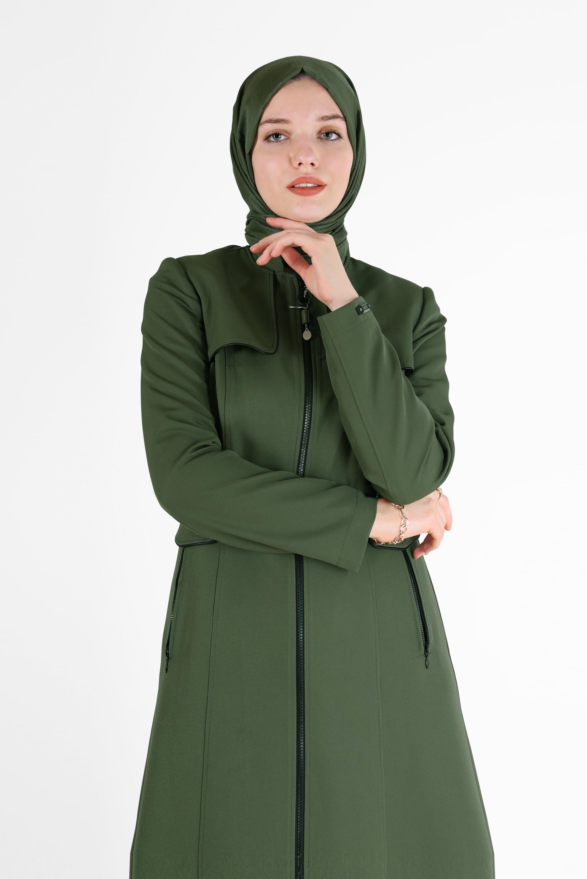 Tesettür giyim HAKİ CEP DETAYLI FERMUARLI PARDESÜ 10476 