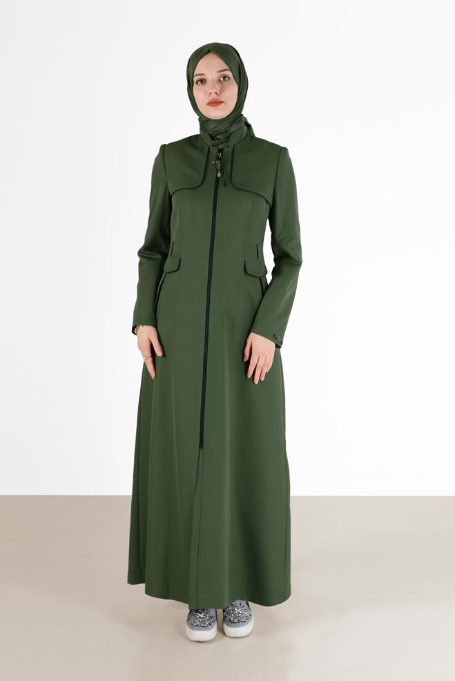 Tesettür giyim HAKİ CEP DETAYLI FERMUARLI PARDESÜ 10476  - ALVİNA