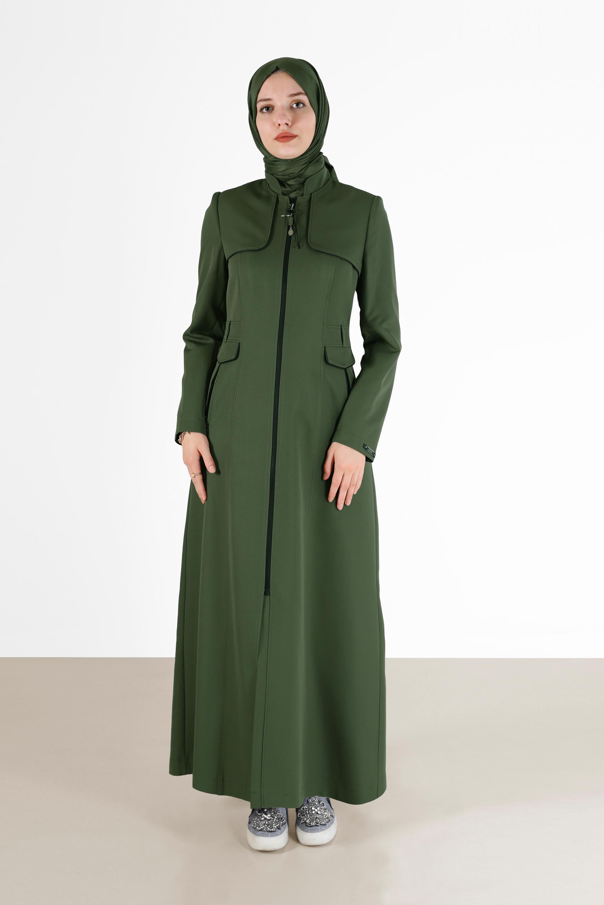 Tesettür giyim HAKİ CEP DETAYLI FERMUARLI PARDESÜ 10476 